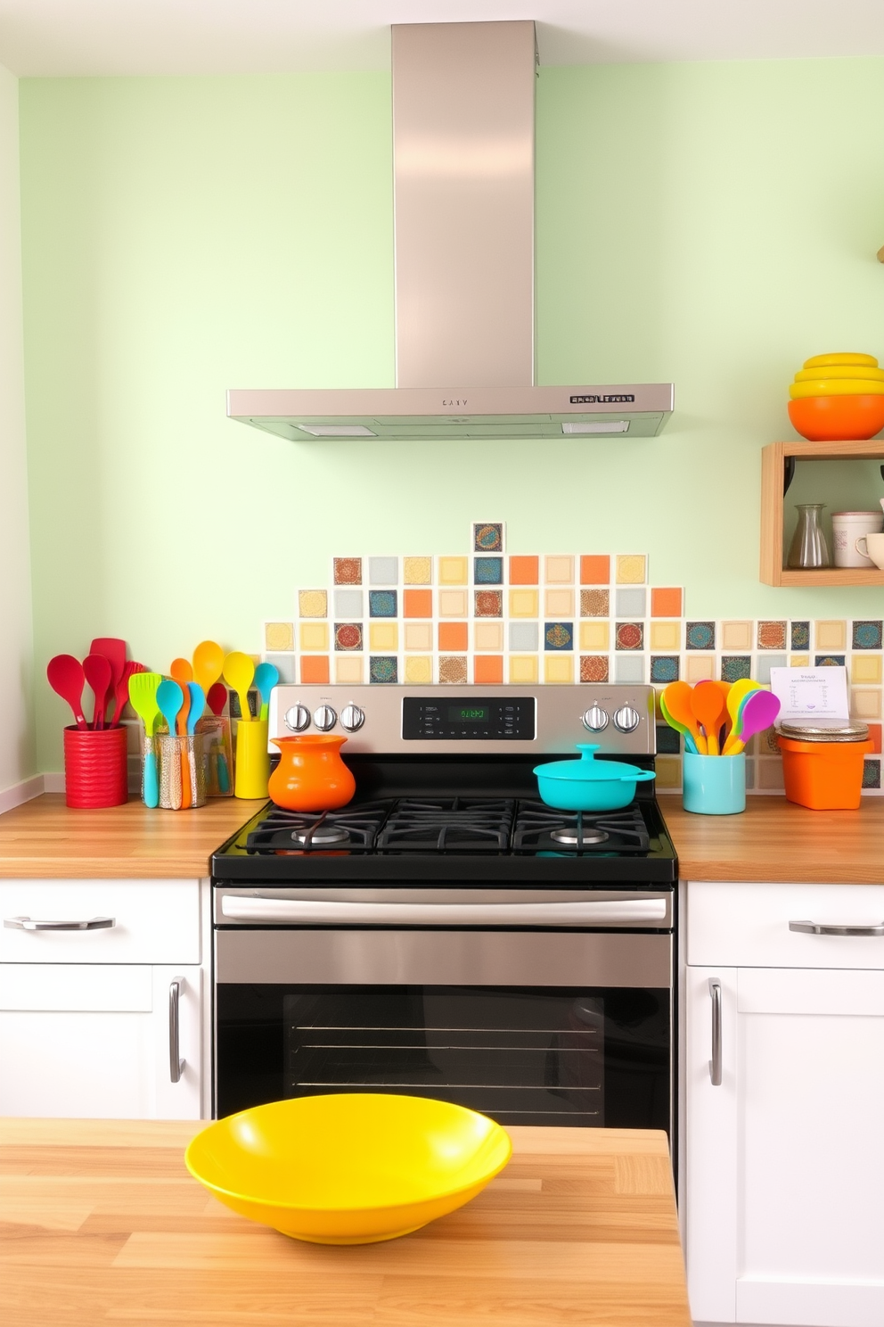 A vibrant collection of colorful kitchen utensils is arranged on a wooden countertop, adding playful accents to the space. The walls are painted in a soft pastel hue, creating a cheerful atmosphere that complements the bright utensils. The kitchen stove is a modern design with sleek lines and a stainless steel finish, positioned as a focal point in the room. Above the stove, a stylish range hood adds elegance, while the backsplash features colorful tiles that enhance the overall aesthetic.