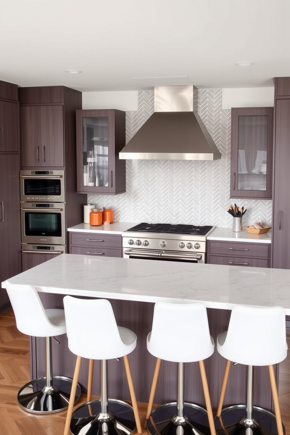 A modern kitchen featuring a spacious kitchen island with seating for four. The island is topped with a sleek quartz surface and is surrounded by stylish bar stools in a contemporary design. The kitchen stove is a professional-grade appliance with stainless steel finishes and a double oven feature. Above the stove, a decorative range hood adds elegance, complemented by a stylish backsplash in a herringbone pattern.