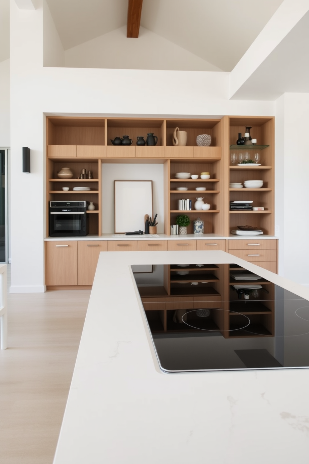 Open concept design for a spacious feel. The kitchen features a large island with bar seating, creating a seamless flow between the cooking and dining areas. The stove is a modern induction cooktop, integrated into the island for a sleek look. Surrounding the stove, there are custom cabinetry and open shelves showcasing stylish dishware and decorative items.