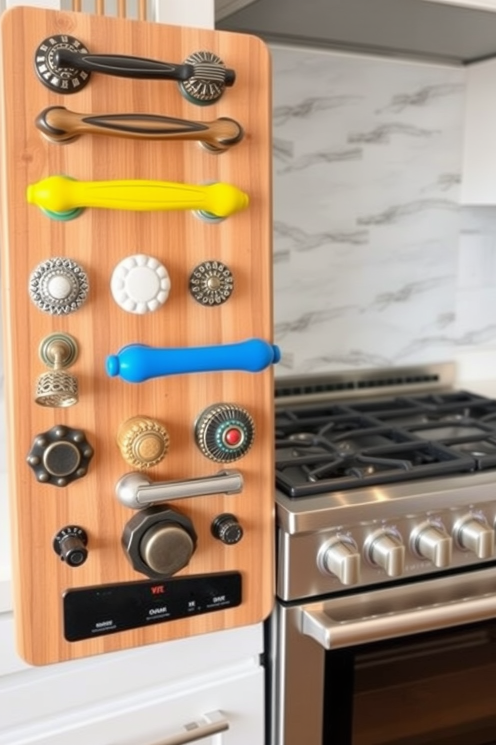 A collection of unique handles and knobs displayed on a wooden board showcasing various styles and finishes. The vibrant colors and intricate designs add personality and charm to any kitchen setting. A sleek kitchen stove featuring a modern design with a stainless steel finish and innovative controls. The stove is complemented by a stylish backsplash that enhances the overall aesthetic of the kitchen.