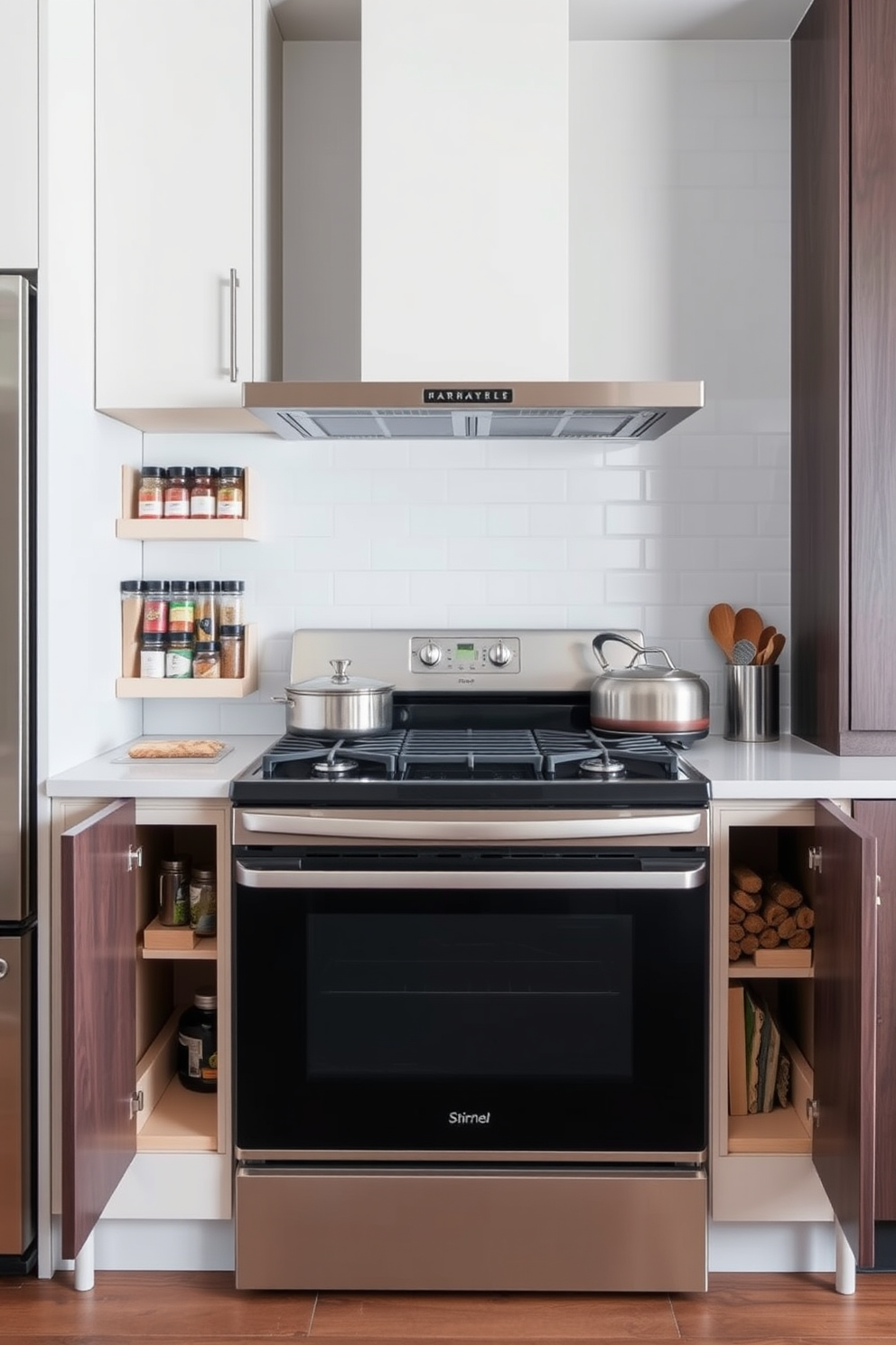 A sleek dual-fuel stove is positioned as the centerpiece of a modern kitchen. It features a stainless steel finish with five burners and a spacious oven below, providing versatile cooking options. Surrounding the stove are custom cabinetry in a rich navy blue, complemented by white quartz countertops. The backsplash is adorned with glossy subway tiles that reflect the light, enhancing the kitchen's contemporary aesthetic.