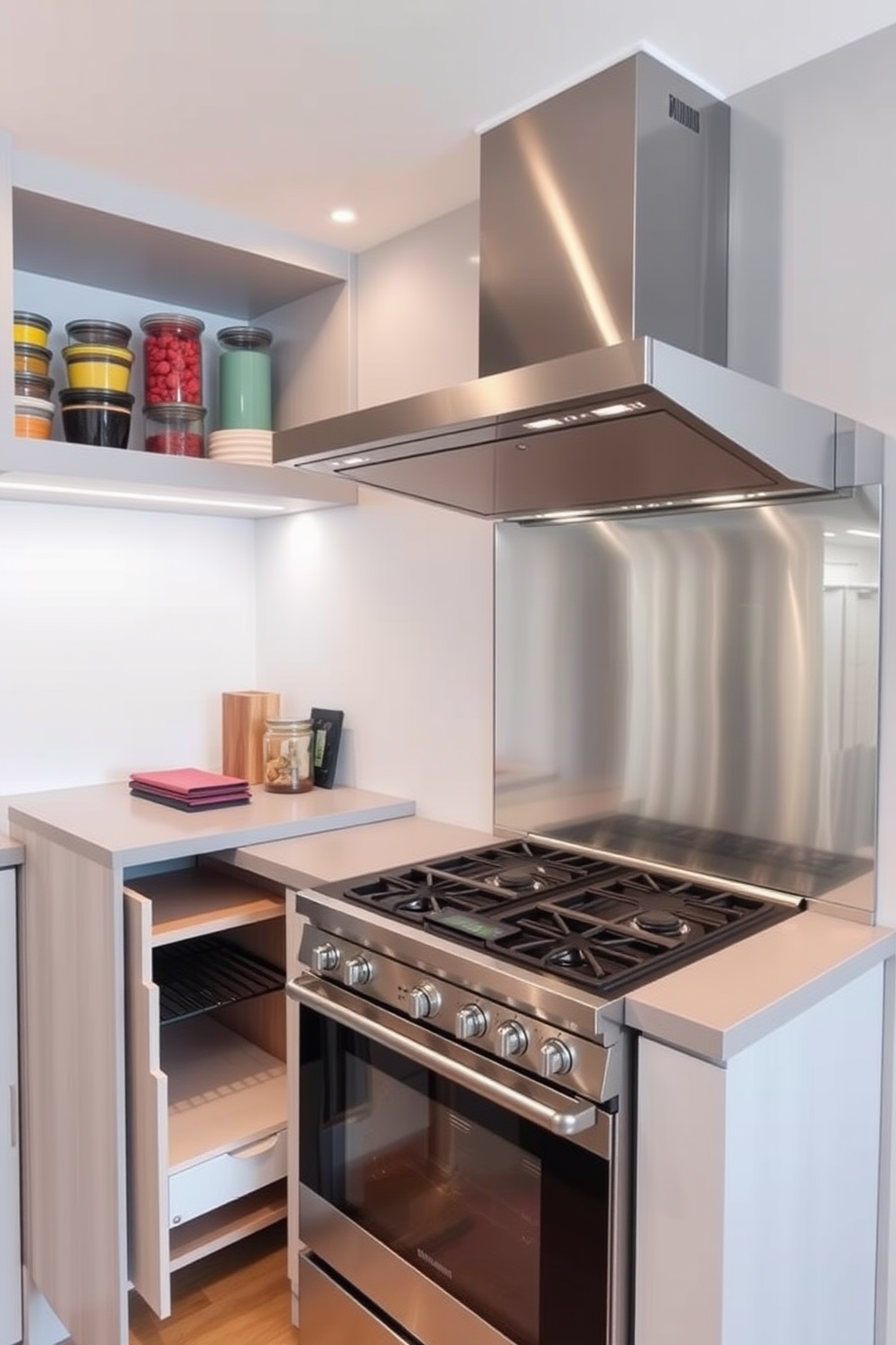 A small kitchen featuring innovative storage solutions. There are open shelves above the countertop displaying colorful dishes and jars, while a pull-out pantry maximizes corner space. A modern kitchen stove design showcasing a sleek, stainless steel finish. The stove is integrated into a minimalist kitchen island with a large, overhead range hood that complements the contemporary aesthetic.