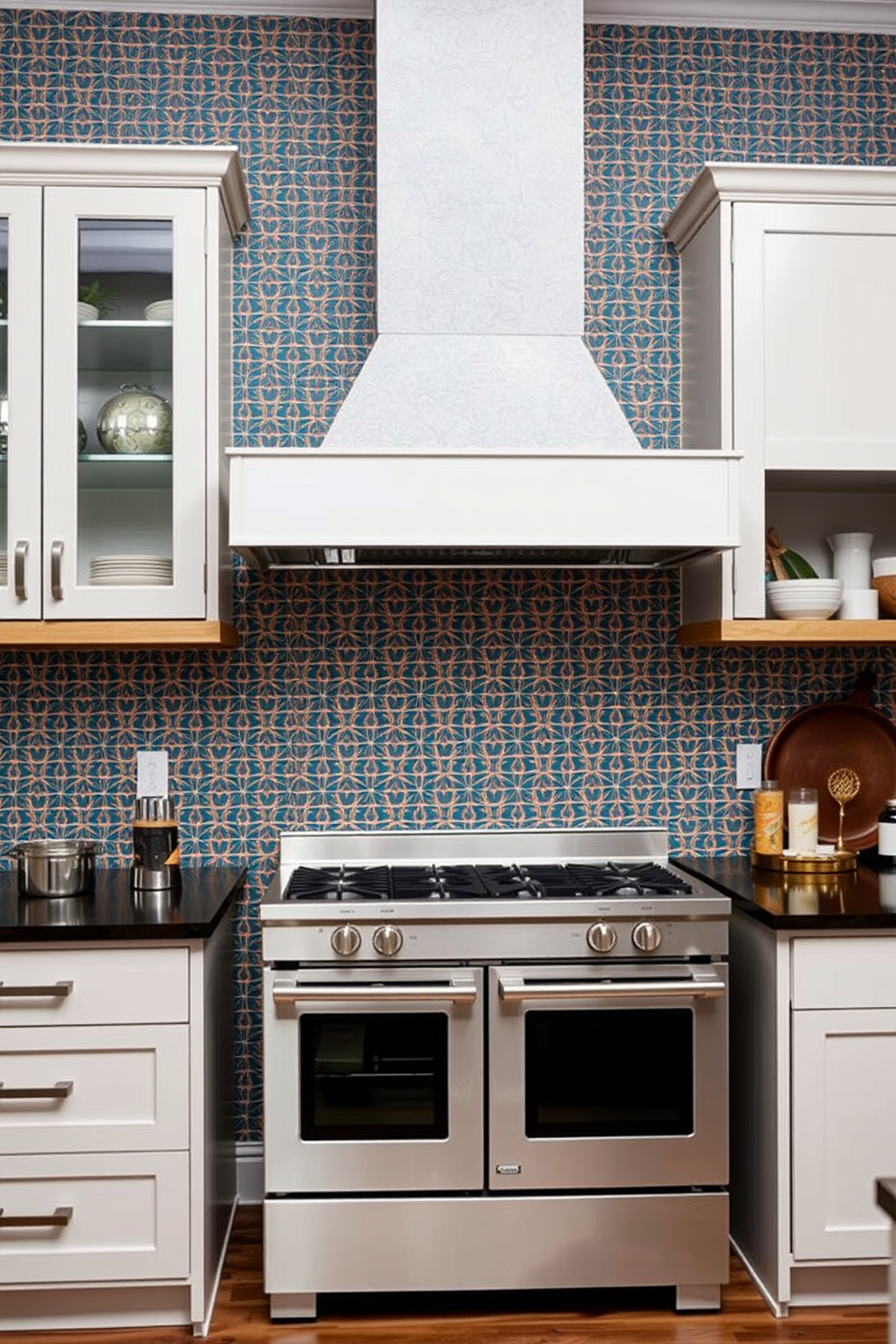 A stunning kitchen featuring bold wallpaper that serves as a surprising backdrop. The wallpaper showcases an intricate geometric pattern in vibrant colors that energizes the space. In the foreground, a sleek modern stove is positioned against the wall, designed with stainless steel accents and a minimalist aesthetic. Surrounding the stove are custom cabinetry and open shelving that display stylish cookware and decorative items.