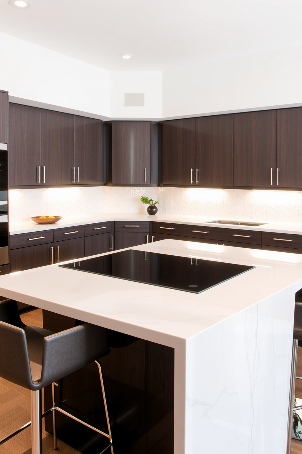 A sleek glass cooktop is seamlessly integrated into the contemporary kitchen island, offering a minimalist aesthetic. Surrounding the cooktop are elegant, high-quality cabinetry and stylish bar stools that enhance the space's modern appeal. The backsplash features geometric tiles that add a touch of sophistication, while under-cabinet lighting illuminates the cooking area. This design combines functionality with a chic look, making it perfect for both cooking and entertaining.