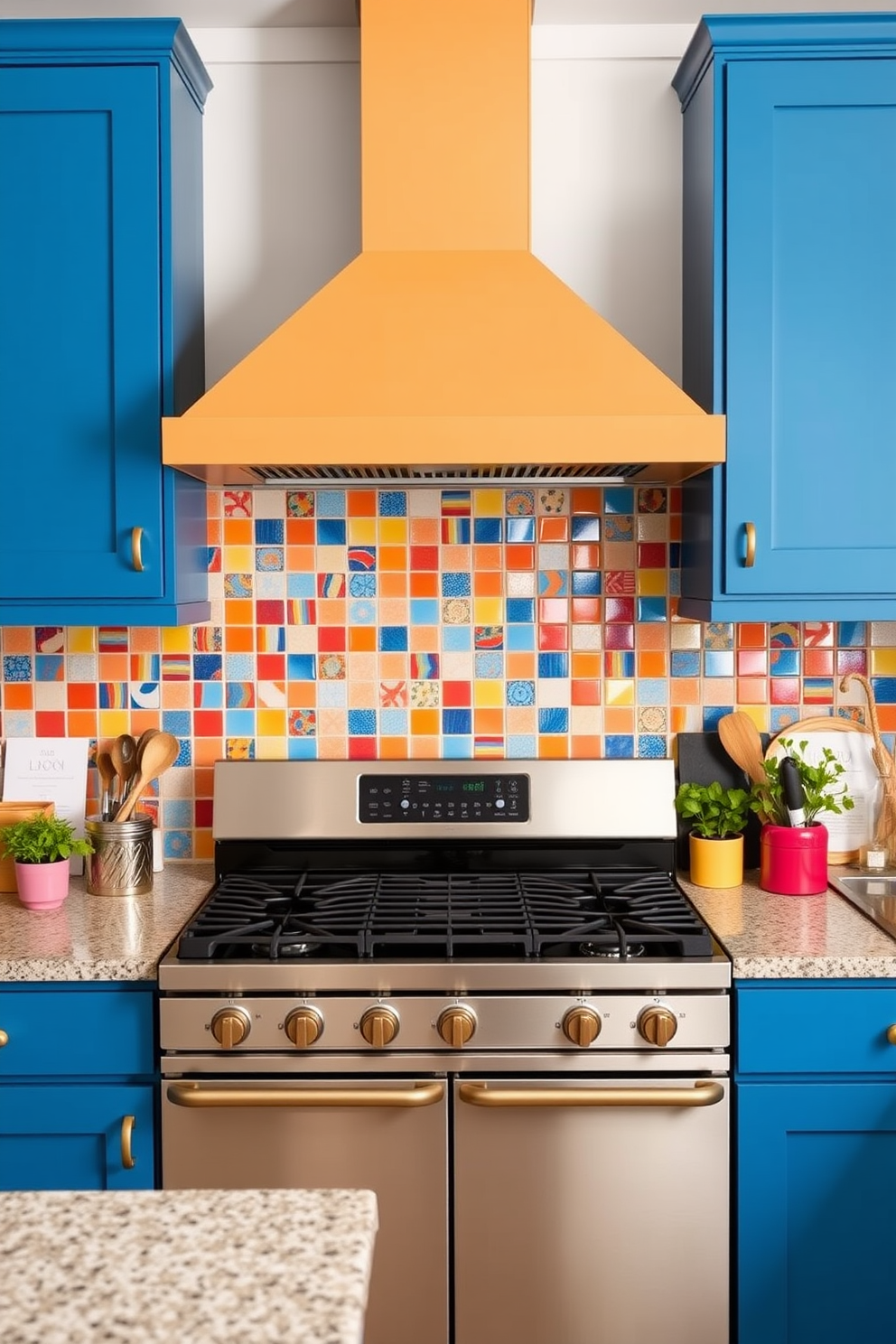 A modern kitchen featuring a sleek stove with bold color accents that stand out against a neutral backdrop. The stove is surrounded by vibrant cabinetry in a rich blue hue, complemented by brass hardware for an elegant touch. The backsplash is adorned with colorful tiles that add personality to the space, while a stylish range hood in a contrasting color draws attention. Bright kitchen accessories and fresh herbs in colorful pots further enhance the lively atmosphere.