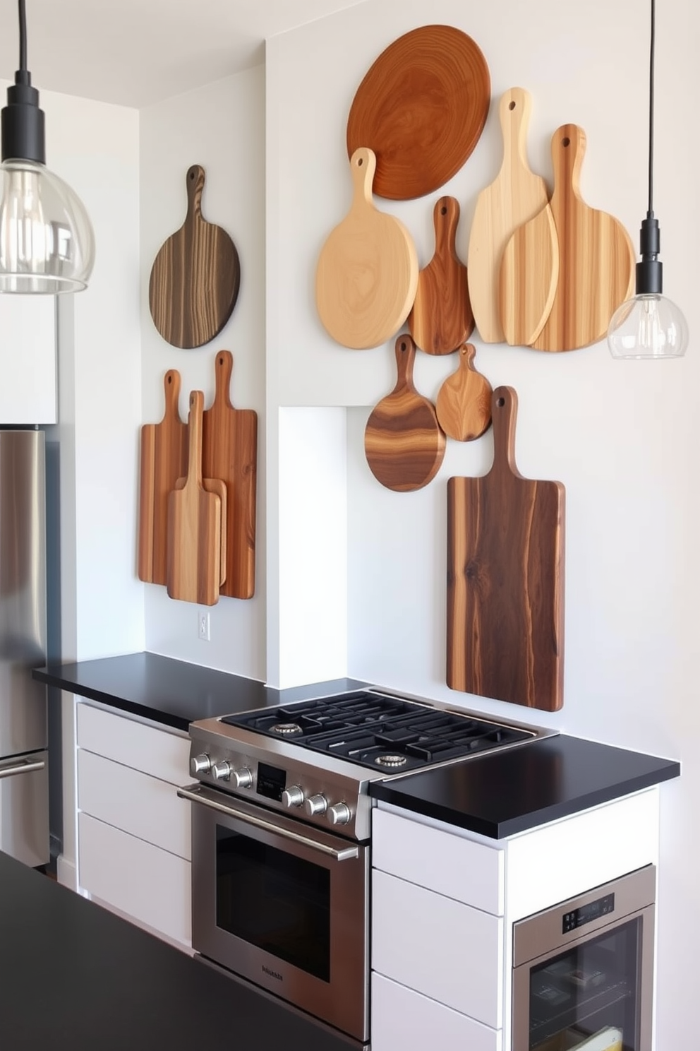 Decorative cutting boards arranged artistically on a kitchen wall. The cutting boards vary in size and shape, showcasing different wood grains and colors, creating a warm and inviting atmosphere. A sleek and modern kitchen stove design featuring a stainless steel finish. The stove is integrated into a minimalist kitchen island with a contrasting dark countertop, surrounded by stylish pendant lighting.