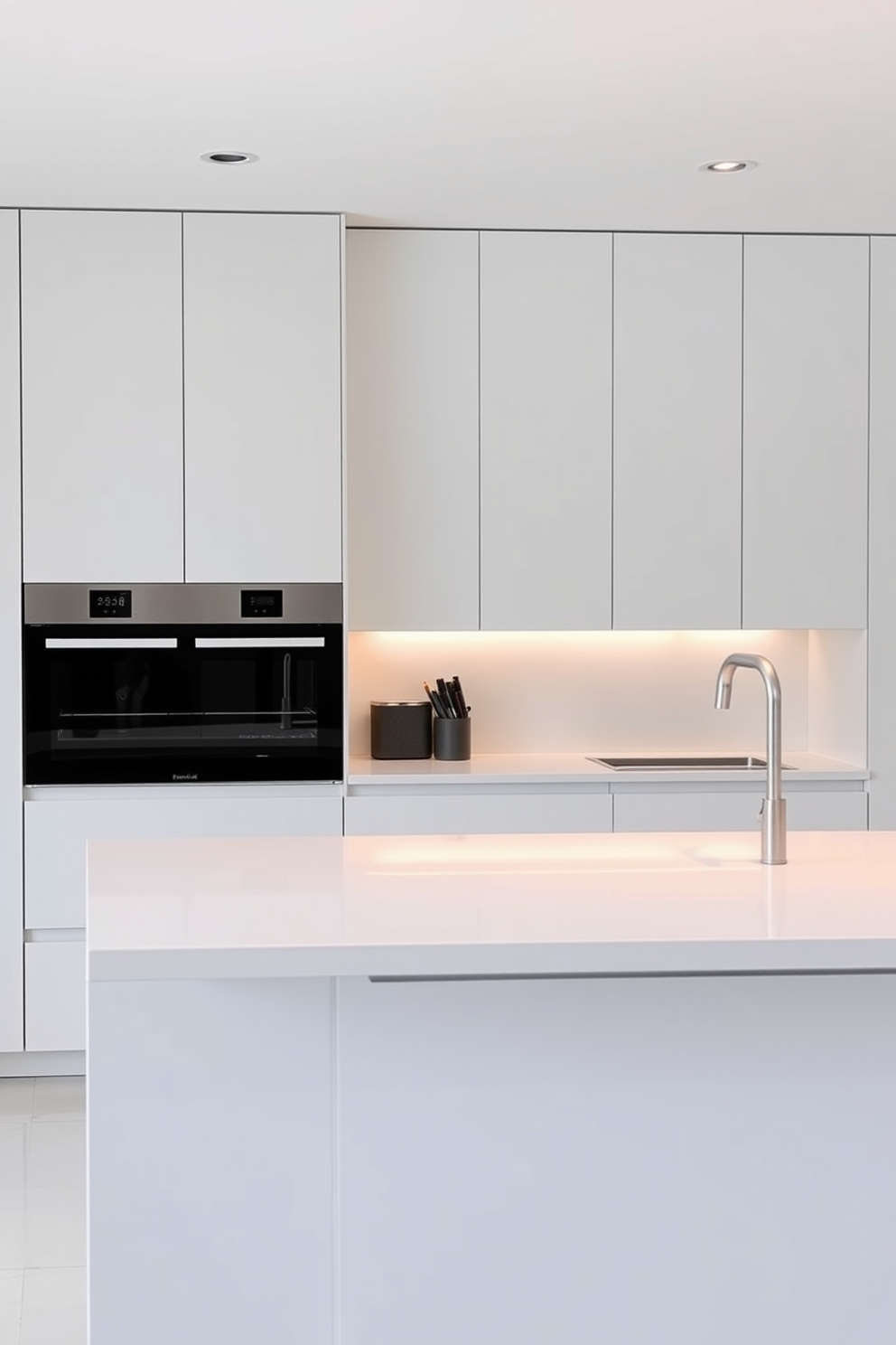 A sleek minimalist kitchen featuring integrated appliances for a clean and seamless look. The cabinetry is finished in a soft matte white, with a built-in stove that blends perfectly into the design. The countertops are made of polished quartz, providing a durable and elegant surface. A minimalist island sits at the center, equipped with subtle under-counter lighting for a warm ambiance.