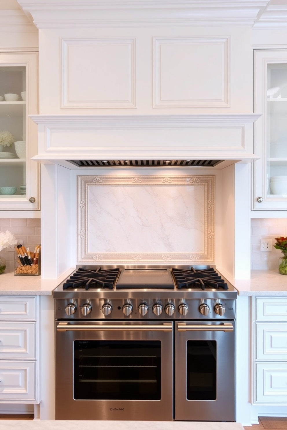 Classic white cabinetry for timeless elegance. The cabinets feature intricate molding and sleek hardware, creating a sophisticated look that complements any kitchen style. Kitchen stove design ideas. A stunning freestanding range with a polished stainless steel finish serves as the centerpiece, while a custom backsplash adds a touch of personality and flair.