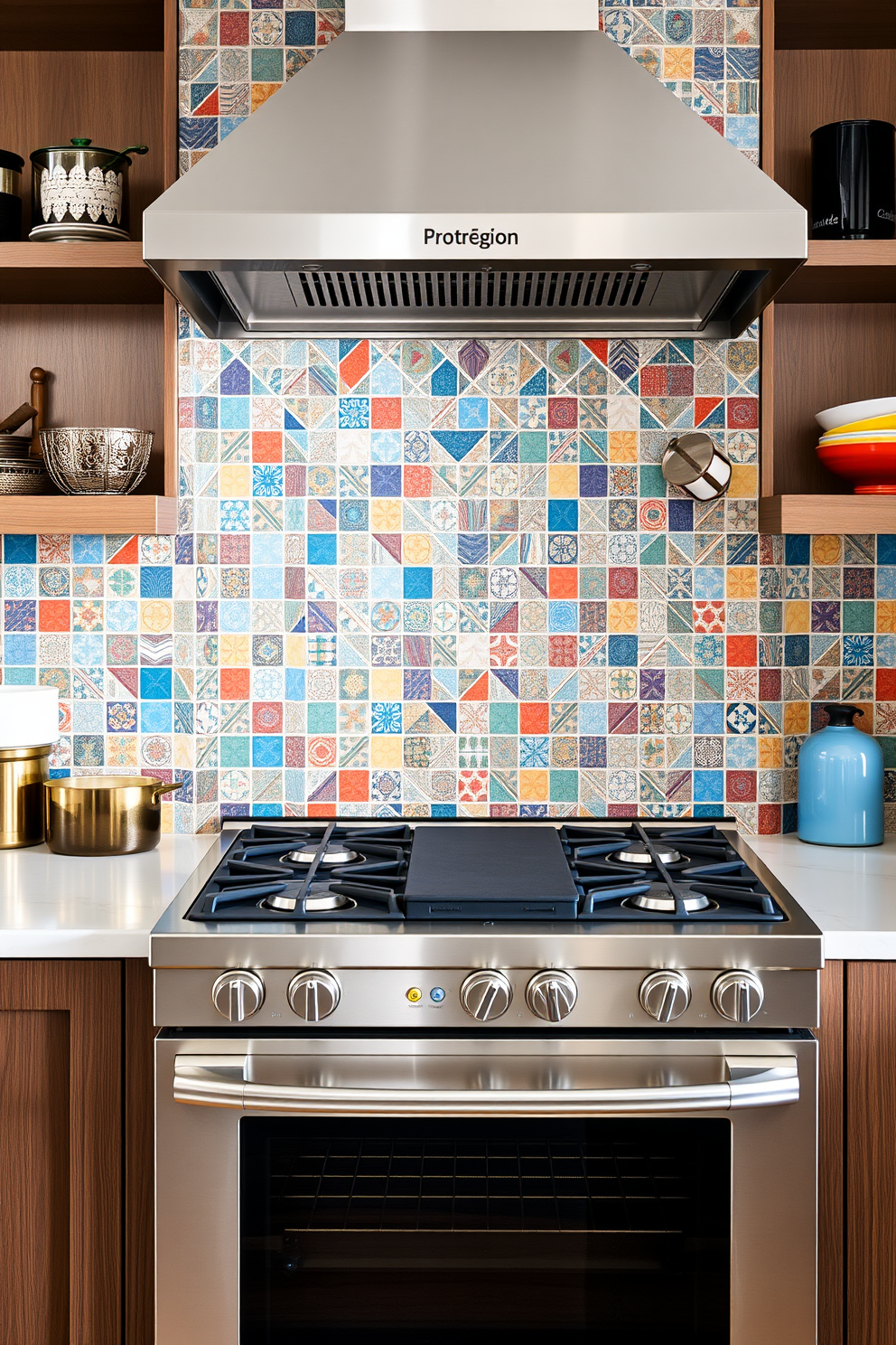 A unique tile backsplash featuring a mix of vibrant colors and geometric patterns adds texture and visual interest to the kitchen. The tiles are arranged in a herringbone pattern, creating a dynamic focal point behind the stove. The kitchen stove is designed with sleek stainless steel finishes and modern controls for a contemporary look. Surrounding the stove, open shelving displays stylish cookware and decorative items, enhancing the overall aesthetic of the space.