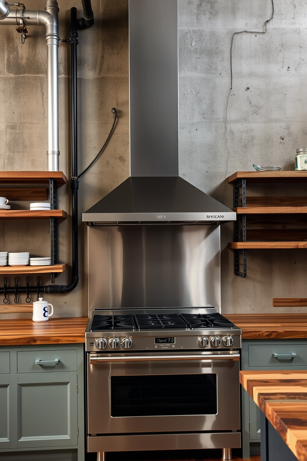 An industrial kitchen with exposed piping and raw concrete walls. The centerpiece is a large stainless steel stove with a sleek design, surrounded by open shelving made of reclaimed wood.