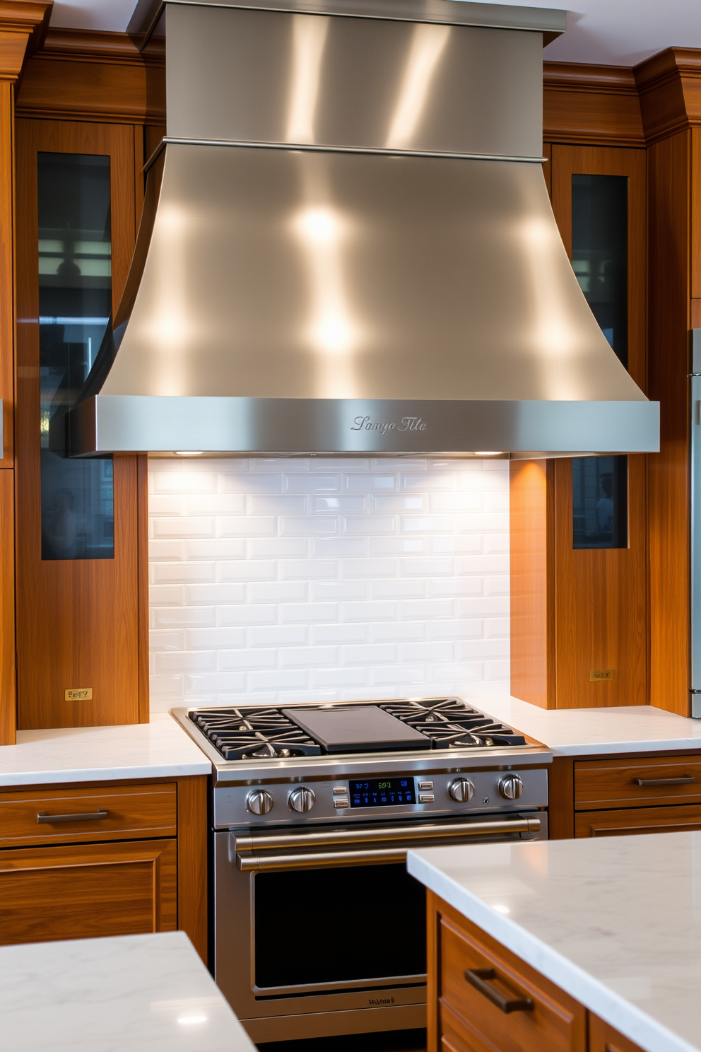 An elegant range hood takes center stage in a modern kitchen, crafted from brushed stainless steel with intricate detailing. Below it, a sleek gas stove is framed by custom cabinetry in a warm wood finish, creating a harmonious balance of style and functionality. The backsplash features glossy white subway tiles that reflect light, enhancing the kitchen's spacious feel. A large island with a polished quartz countertop provides ample space for meal preparation and casual dining.