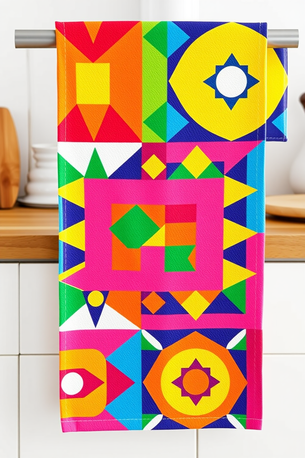 A vibrant kitchen towel design featuring colorful geometric patterns that create a modern aesthetic. The towel showcases a mix of bold shapes and bright colors, adding a lively touch to the kitchen decor. The design incorporates triangles, circles, and squares in a harmonious arrangement. This eye-catching towel not only serves a practical purpose but also enhances the overall style of the kitchen.