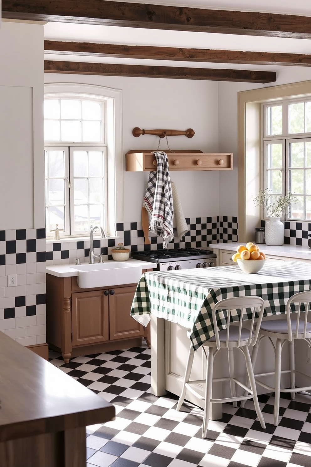 A classic kitchen scene featuring checkered patterns in black and white. The walls are adorned with checkered tiles, and a stylish kitchen towel hangs from a rustic wooden rack. The kitchen boasts a spacious island with a checkered tablecloth, complemented by vintage bar stools. Natural light streams in through large windows, highlighting the charming details of the checkered design.