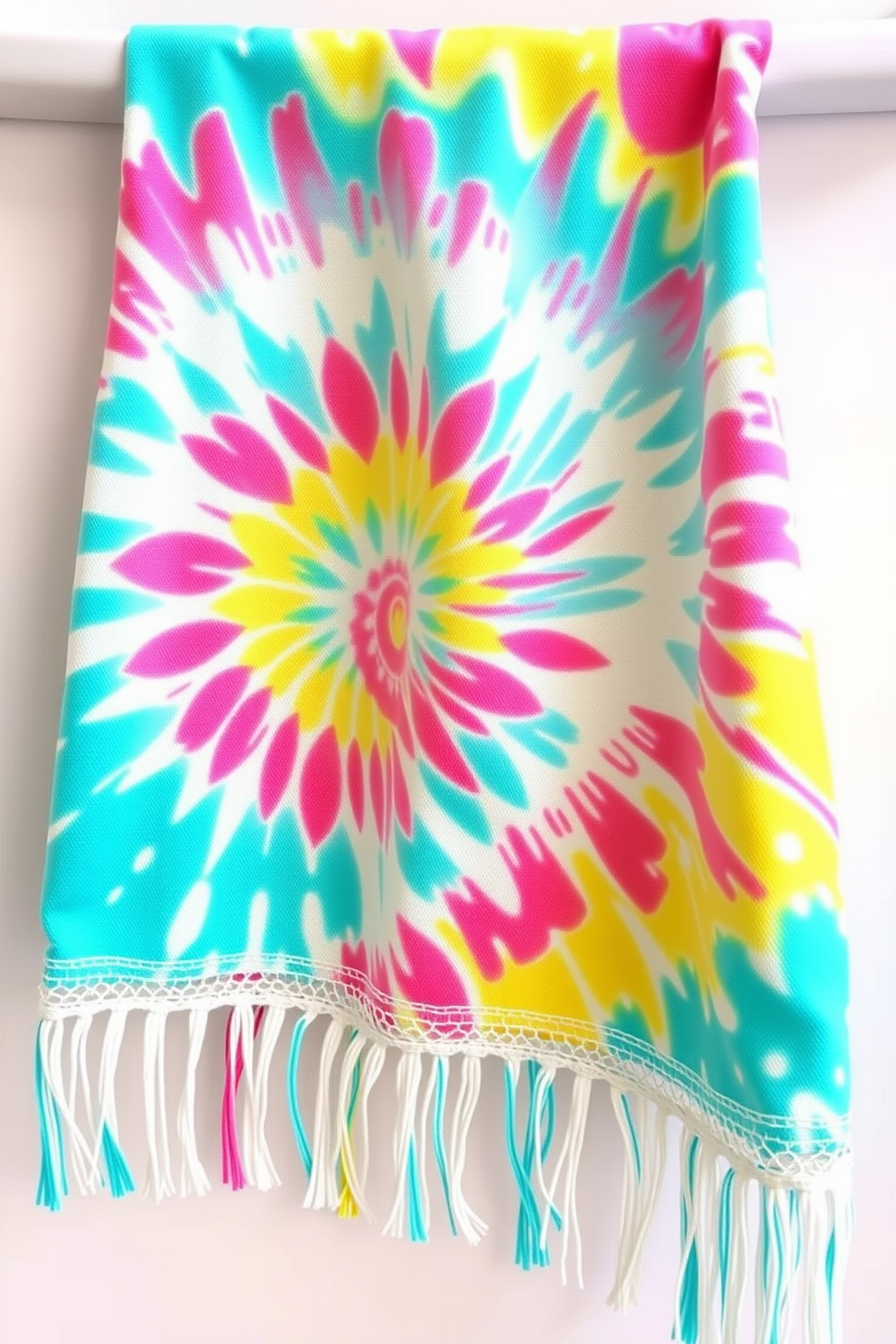 A vibrant kitchen towel featuring tie-dye effects in shades of turquoise, pink, and yellow creates a cheerful and bohemian atmosphere. The towel is adorned with intricate fringe detailing along the edges, adding texture and a playful touch to the kitchen decor. The design incorporates swirling patterns that evoke a sense of movement and creativity. This eye-catching kitchen towel not only serves a practical purpose but also enhances the overall aesthetic of the space.