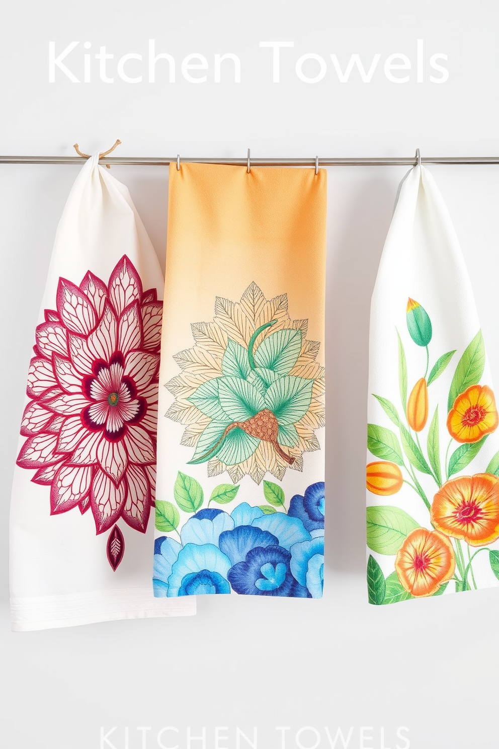 A bright and airy kitchen space featuring elegant embroidery accents on soft cotton towels. The towels are displayed neatly on a stylish rack, showcasing intricate floral designs that complement the overall decor. The color palette consists of soft pastels, with the embroidery adding a touch of sophistication. Natural light floods the room, highlighting the textures and patterns of the towels against a backdrop of sleek cabinetry and polished countertops.