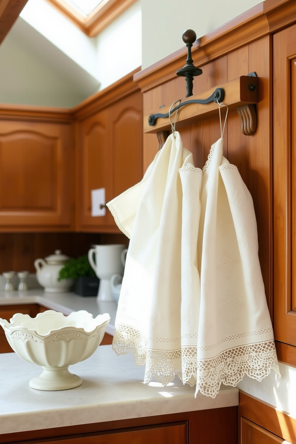 A charming kitchen setting featuring linen towels adorned with delicate lace trim. The towels are neatly hung on a rustic wooden rack, complementing the warm tones of the cabinetry. The kitchen is filled with natural light, highlighting the soft texture of the linen. A vintage-inspired ceramic bowl sits on the counter, adding a touch of elegance to the design.