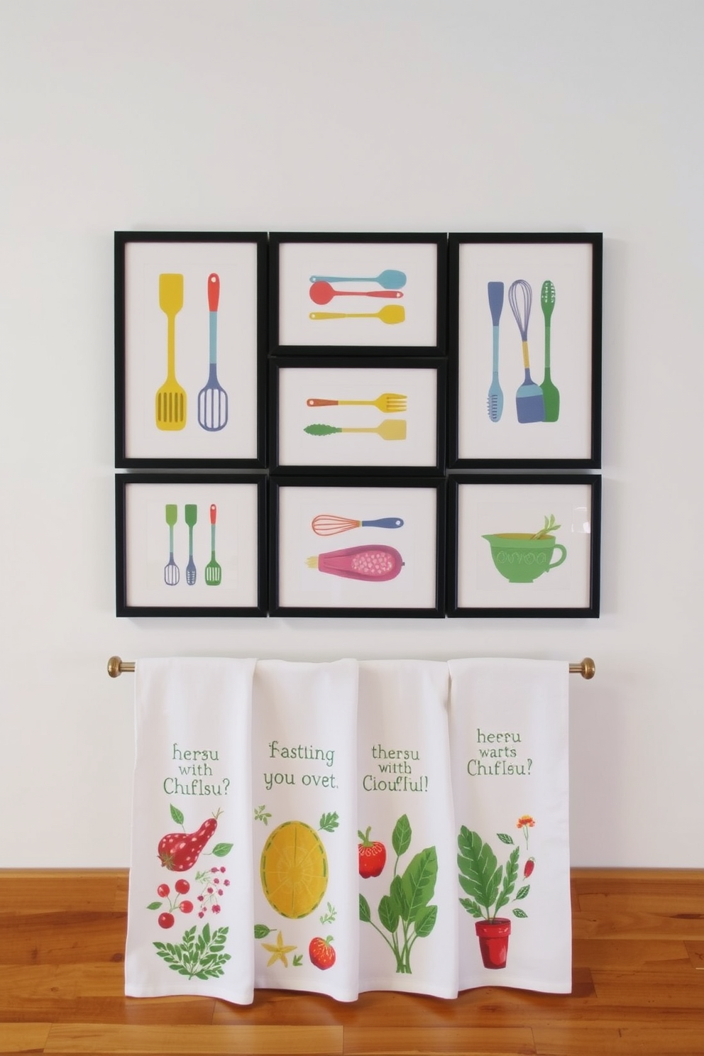 A collection of kitchen utensil prints displayed in a gallery-style arrangement. The prints feature a variety of colorful illustrations including spatulas, whisks, and measuring cups against a neutral background. A set of kitchen towels designed with whimsical patterns inspired by fresh herbs and vegetables. Each towel showcases vibrant colors and textures that bring a touch of nature into the kitchen space.