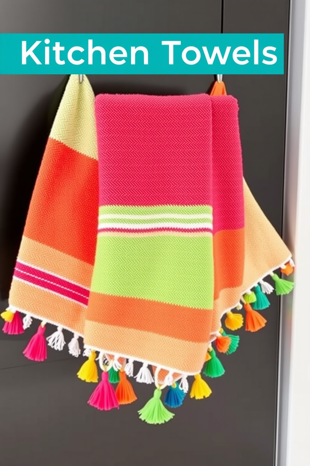 A vibrant kitchen towel design featuring colorful tassels at each corner for a playful touch. The towels are made from soft, absorbent fabric in a variety of bright colors, perfect for adding a cheerful accent to any kitchen decor. The tassels add a fun finish, enhancing the overall aesthetic while maintaining functionality. Each towel showcases unique patterns and textures, ensuring they stand out in both style and practicality.