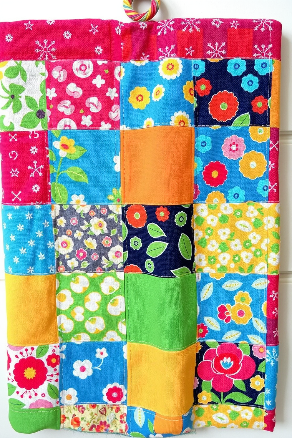 A vibrant patchwork kitchen towel features a mix of colorful fabrics with floral and geometric patterns. Each section of the towel showcases a unique design, bringing a lively and eclectic feel to the kitchen space. The towel is finished with a sturdy loop for easy hanging and practical use. Its texture is soft yet durable, making it both a functional and decorative addition to the kitchen.