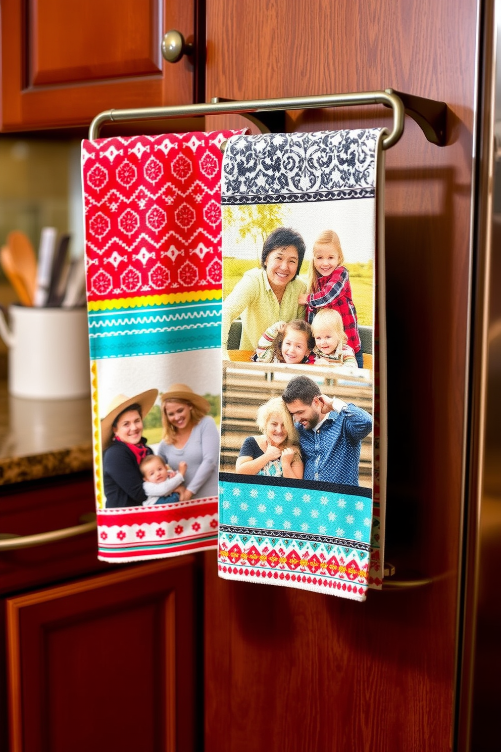 A cozy kitchen scene featuring custom printed photos showcasing personal memories. The kitchen towels are designed with vibrant colors and unique patterns that reflect the warmth of family gatherings. The towels hang neatly on a stylish rack, enhancing the overall aesthetic of the kitchen. Each towel displays a different photo, creating a personalized and inviting atmosphere.