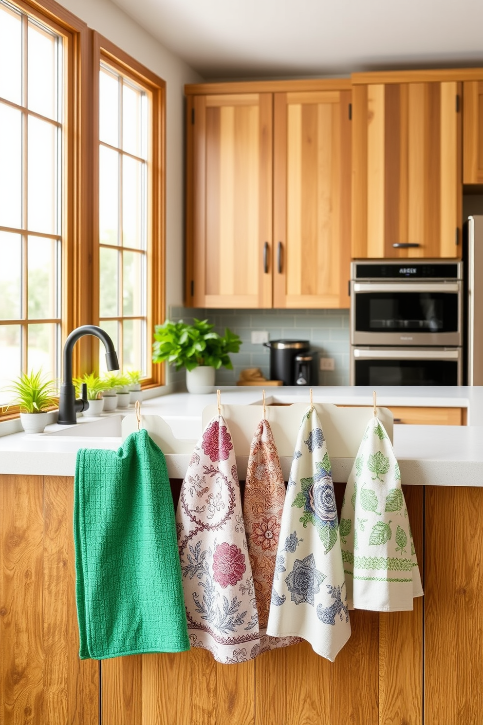 A modern kitchen featuring sustainable materials with eco-friendly options. The cabinetry is made from reclaimed wood, and the countertops are crafted from recycled glass. The kitchen is adorned with energy-efficient appliances and a farmhouse sink. Natural light floods the space through large windows, highlighting the green plants placed on the windowsill. Innovative kitchen towel designs that blend functionality with style. The towels are made from organic cotton in vibrant colors and patterns that complement the kitchen decor. Each towel is designed with a hanging loop for easy storage and accessibility. The designs include whimsical prints and elegant textures, adding a touch of personality to the kitchen.