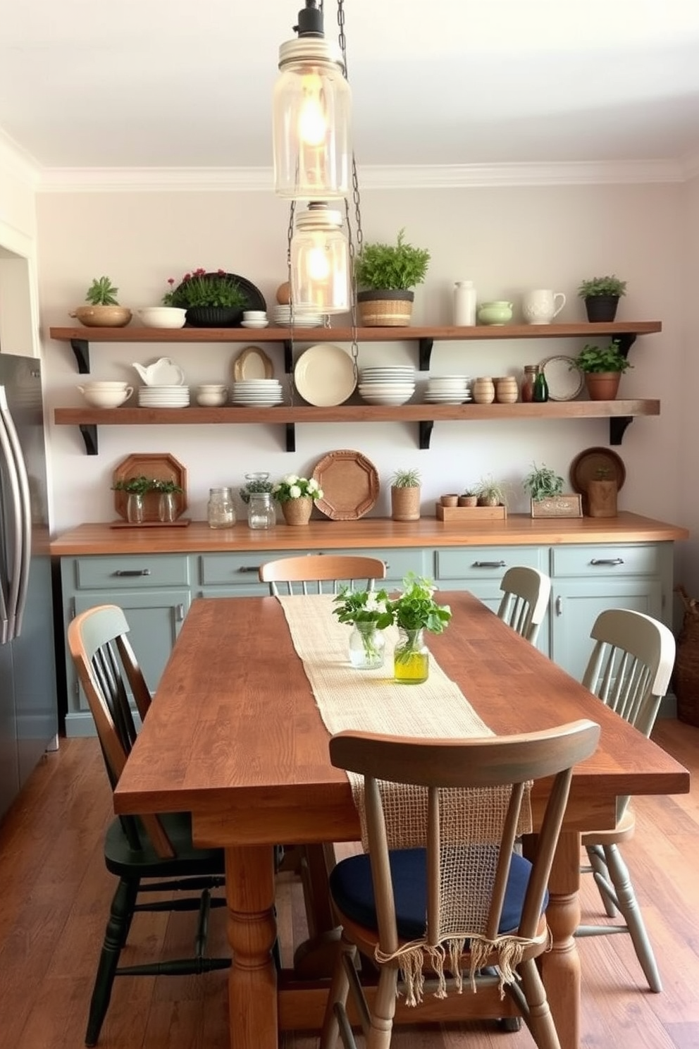 A rustic farmhouse kitchen featuring burlap accents. The design includes a wooden table with mismatched chairs and a vintage-style burlap table runner. Hanging above the table are mason jar light fixtures that add a warm glow. The walls are adorned with open shelving displaying rustic dishware and potted herbs.