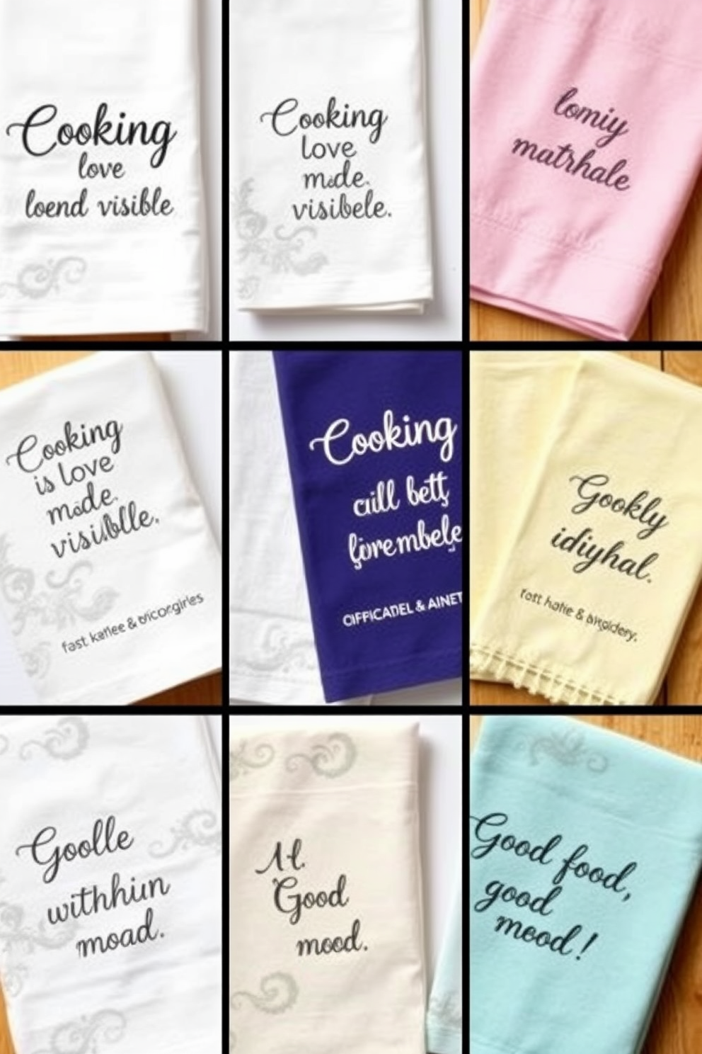 A collection of kitchen towels featuring elegant embroidery with charming kitchen-related sayings. Each towel showcases a unique design that complements various kitchen aesthetics, from rustic farmhouse to modern minimalist. The embroidery includes phrases such as 