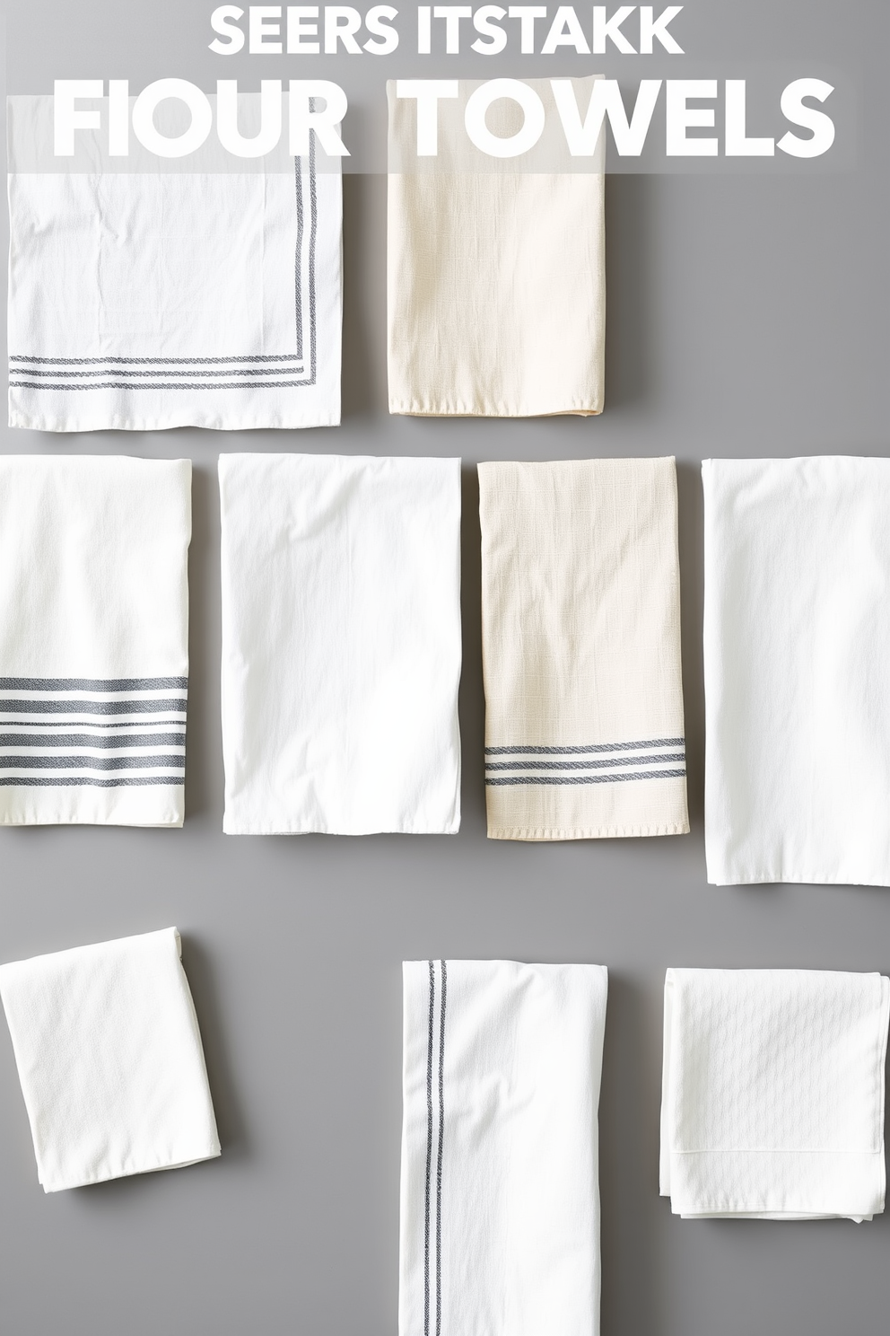 A collection of flour sack towels featuring minimalist designs. Each towel showcases simple patterns and neutral colors, perfect for a modern kitchen aesthetic.