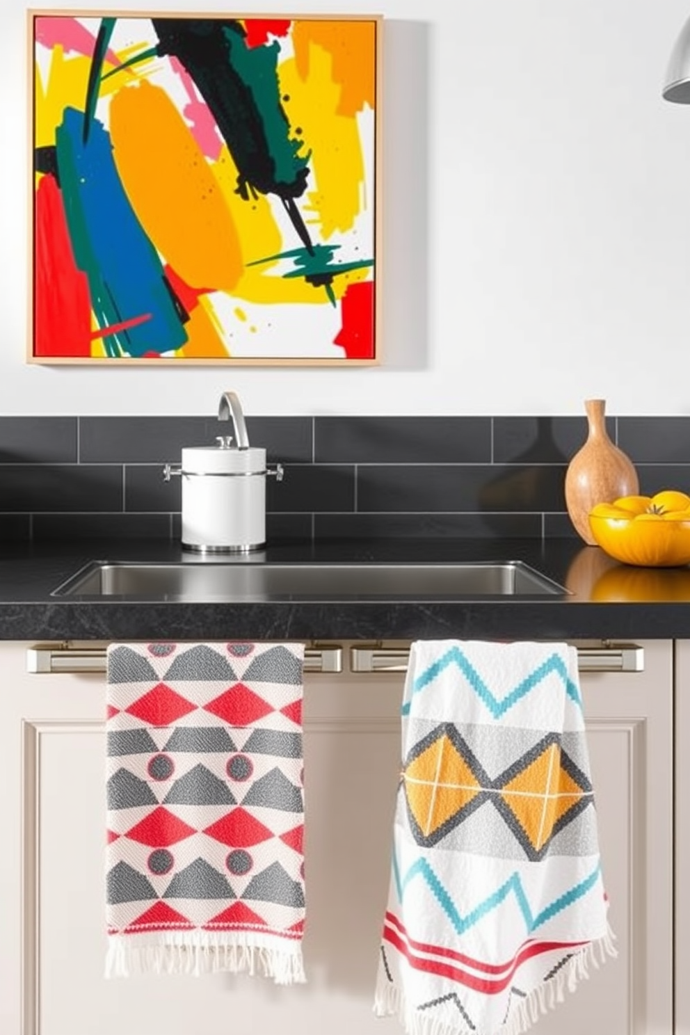 Bright abstract art for a contemporary feel. The artwork features bold colors and dynamic shapes that energize the space. Kitchen towel design ideas that incorporate modern patterns. The towels showcase geometric designs and vibrant hues to complement a stylish kitchen.