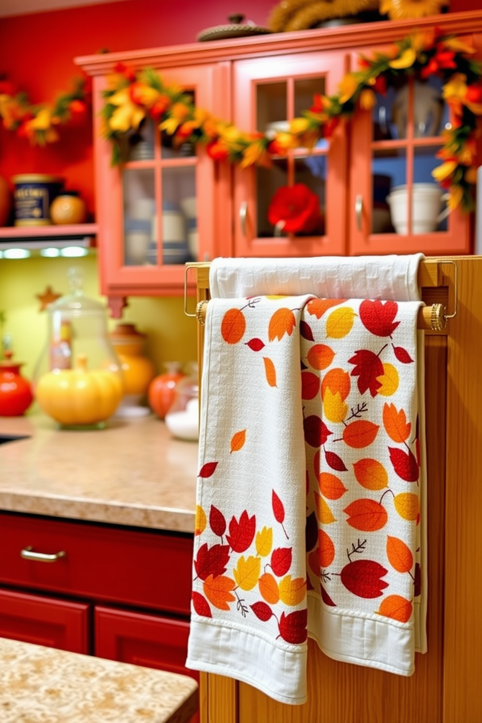 A vibrant kitchen adorned with seasonal colors for festive celebrations. The walls are painted in warm shades of red and gold, while decorative garlands hang from the cabinets. A cozy kitchen towel design featuring playful patterns inspired by autumn leaves. The towels are displayed on a wooden rack, showcasing rich hues of orange and brown.