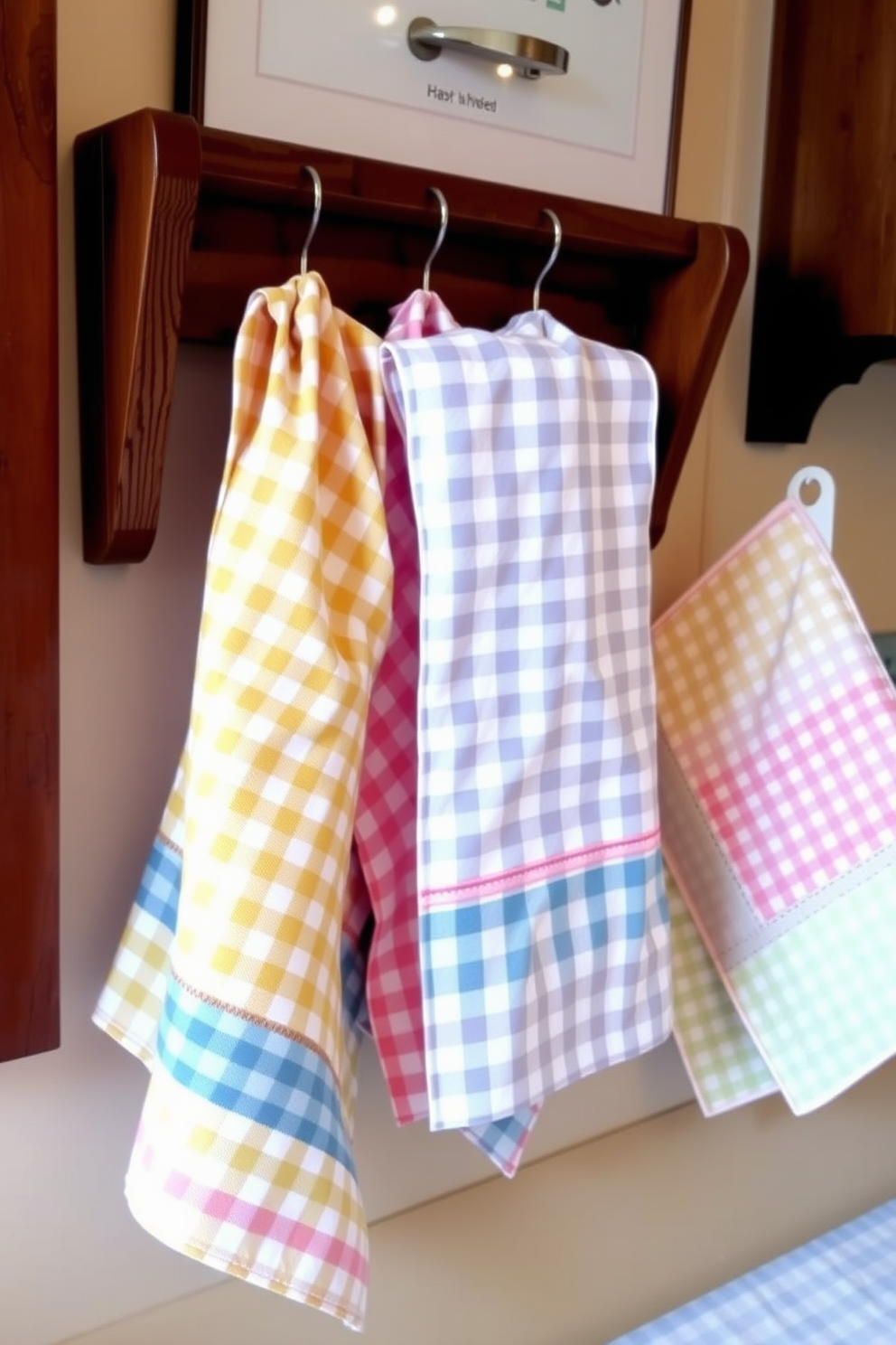 A cozy kitchen setting featuring classic gingham patterns in soft pastel colors. The kitchen towels are neatly hung on a rustic wooden rack, adding warmth and charm to the space. The towels showcase a mix of large and small gingham checks, creating a playful yet elegant aesthetic. Complement the design with matching pot holders and a tablecloth for a cohesive country look.