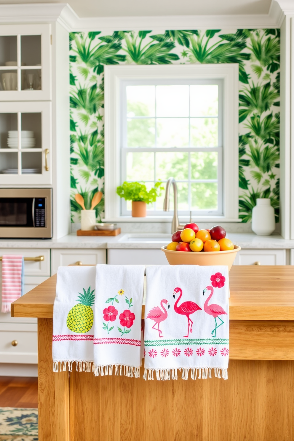 A bright and airy kitchen adorned with tropical prints. The walls are decorated with vibrant palm leaf wallpaper, and a colorful fruit bowl sits on the wooden island. Charming kitchen towels featuring playful tropical motifs. Each towel showcases a different design, including pineapples, flamingos, and hibiscus flowers, adding a fun vacation vibe to the space.