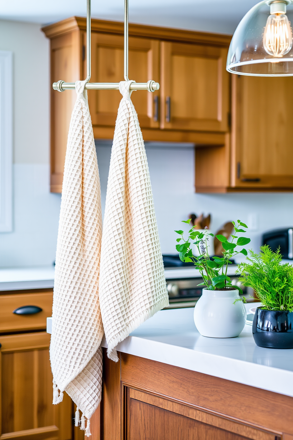 A cozy kitchen scene featuring textured waffle weave towels hanging from a stylish rack. The towels come in soft pastel colors that complement the warm wood cabinetry and white subway tile backsplash. The kitchen island is adorned with fresh herbs in decorative pots, adding a touch of greenery to the space. Understated pendant lights illuminate the area, creating an inviting atmosphere perfect for cooking and entertaining.