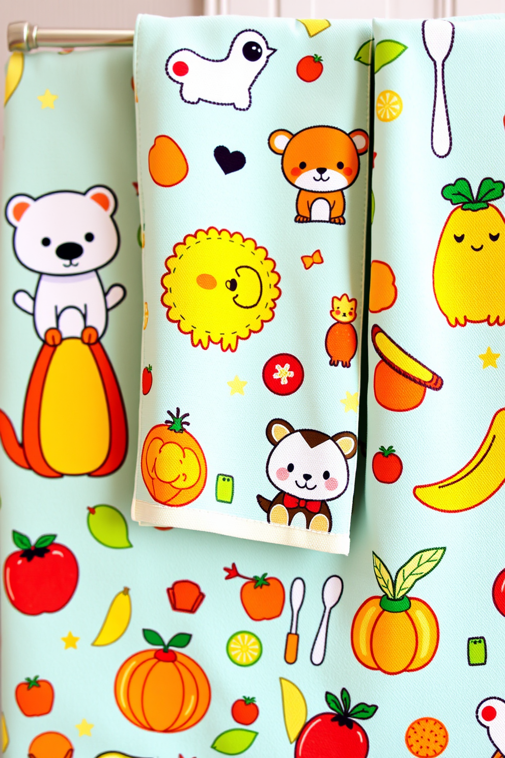 Cute cartoon characters for family-friendly spaces. Bright colors and playful designs featuring animals and whimsical themes that appeal to children and parents alike. Kitchen towel design ideas. Soft fabrics adorned with cheerful patterns like fruits, vegetables, and kitchen utensils to enhance the warmth and charm of the cooking space.