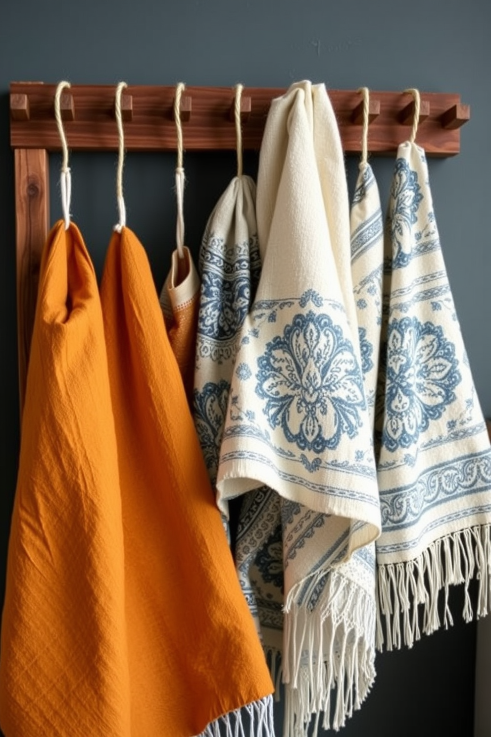 A collection of artisan-crafted kitchen towels with intricate patterns and textures that add a handmade touch to any kitchen. The towels feature natural fibers in warm, earthy tones, beautifully displayed hanging from a rustic wooden rack.