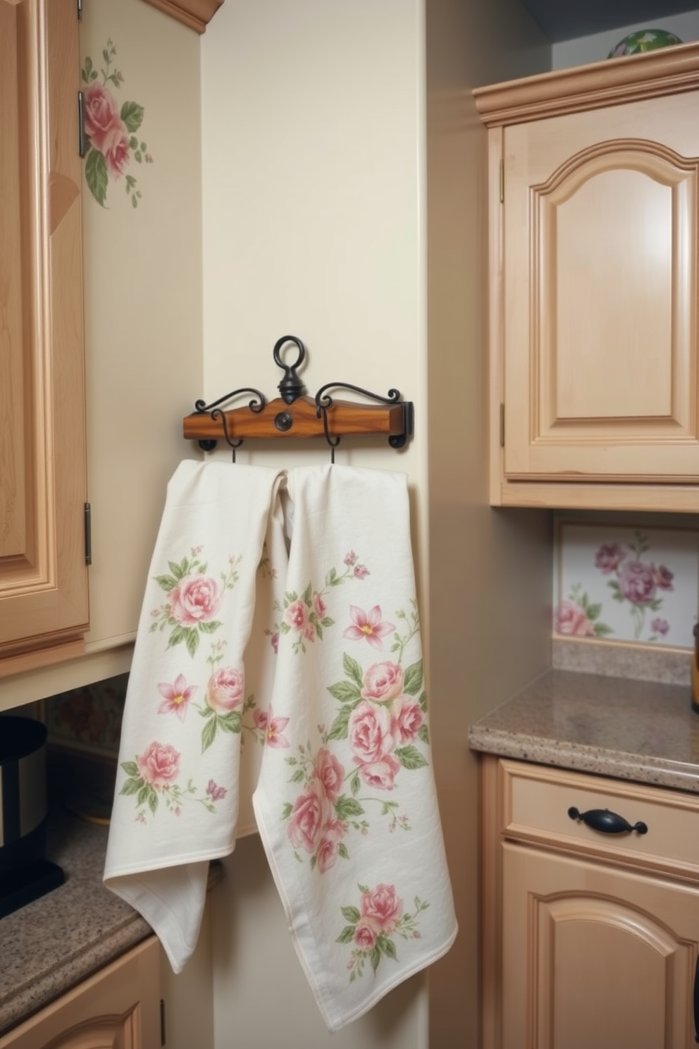 A charming kitchen space adorned with vintage floral prints that add a classic touch. The walls are painted in a soft cream color, and the cabinetry features intricate woodwork that complements the floral theme. The kitchen towels are designed with delicate floral patterns in pastel colors, enhancing the overall aesthetic. They are neatly displayed on a rustic wooden rack, adding functionality and style to the kitchen decor.