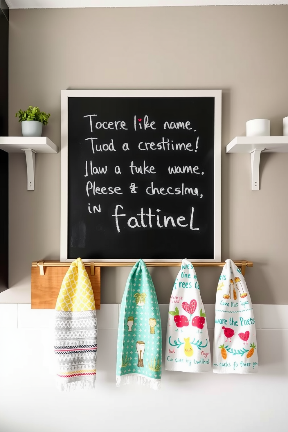 A chalkboard wall in a modern kitchen serves as an interactive space for customizable messages. The wall features a sleek frame, allowing for easy writing and erasing, while the surrounding decor includes minimalist shelves with potted herbs. The kitchen towels are designed with playful patterns and vibrant colors to enhance the cheerful atmosphere. Each towel showcases a unique design, from geometric shapes to whimsical illustrations, making them both functional and stylish.