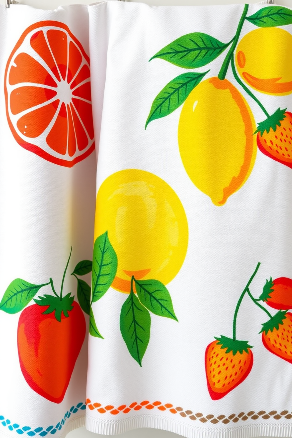 Bright fruit prints for a cheerful vibe. The kitchen towels feature vibrant illustrations of oranges, lemons, and strawberries against a crisp white background. The lively colors and playful patterns create an inviting atmosphere in the kitchen. These designs not only add a pop of color but also bring a sense of freshness and fun to everyday cooking tasks.