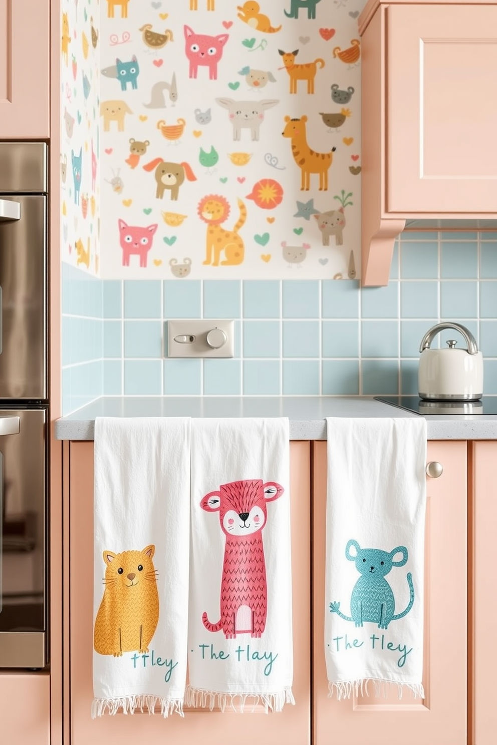 A playful kitchen setting featuring whimsical animal motifs that add a touch of fun to the space. The walls are adorned with colorful wallpaper showcasing various cute animals, while the cabinetry is painted in soft pastel shades. Kitchen towels designed with charming animal illustrations that enhance the cheerful atmosphere. Each towel displays a different playful creature, complemented by vibrant colors that brighten up the kitchen.