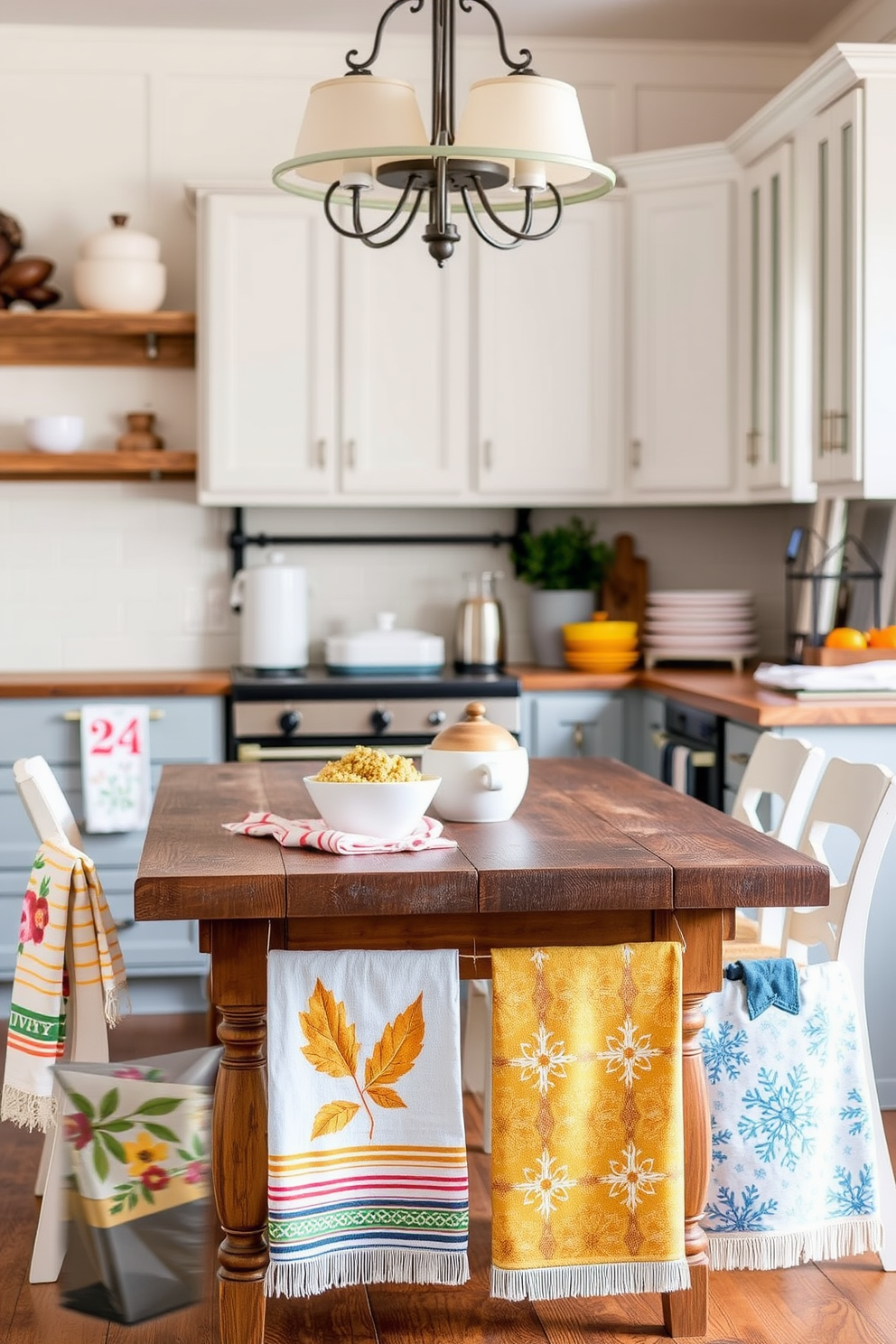 A cozy kitchen scene inspired by seasonal themes. The space features a rustic wooden table adorned with a variety of kitchen towels that reflect the colors and motifs of each season. In spring, vibrant floral patterns brighten the room, while summer brings cheerful stripes in sunny hues. Autumn introduces warm earth tones with leaf designs, and winter showcases elegant snowflake patterns in cool blues and whites.