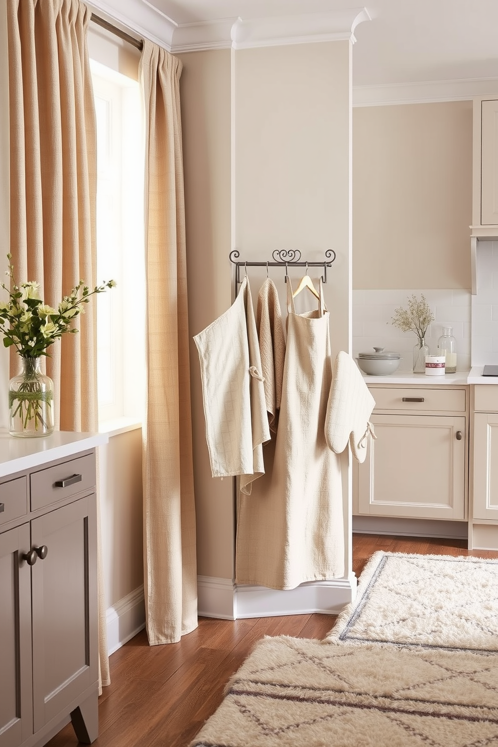 A serene kitchen space featuring neutral tones complemented by textured fabrics to enhance elegance. The design includes soft beige curtains, a plush rug, and a stylish kitchen towel display that harmonizes with the overall aesthetic. The kitchen towels are crafted from high-quality linen, showcasing subtle patterns that add a touch of sophistication. They are neatly arranged on a decorative rack, alongside a coordinating apron and oven mitts to complete the look.