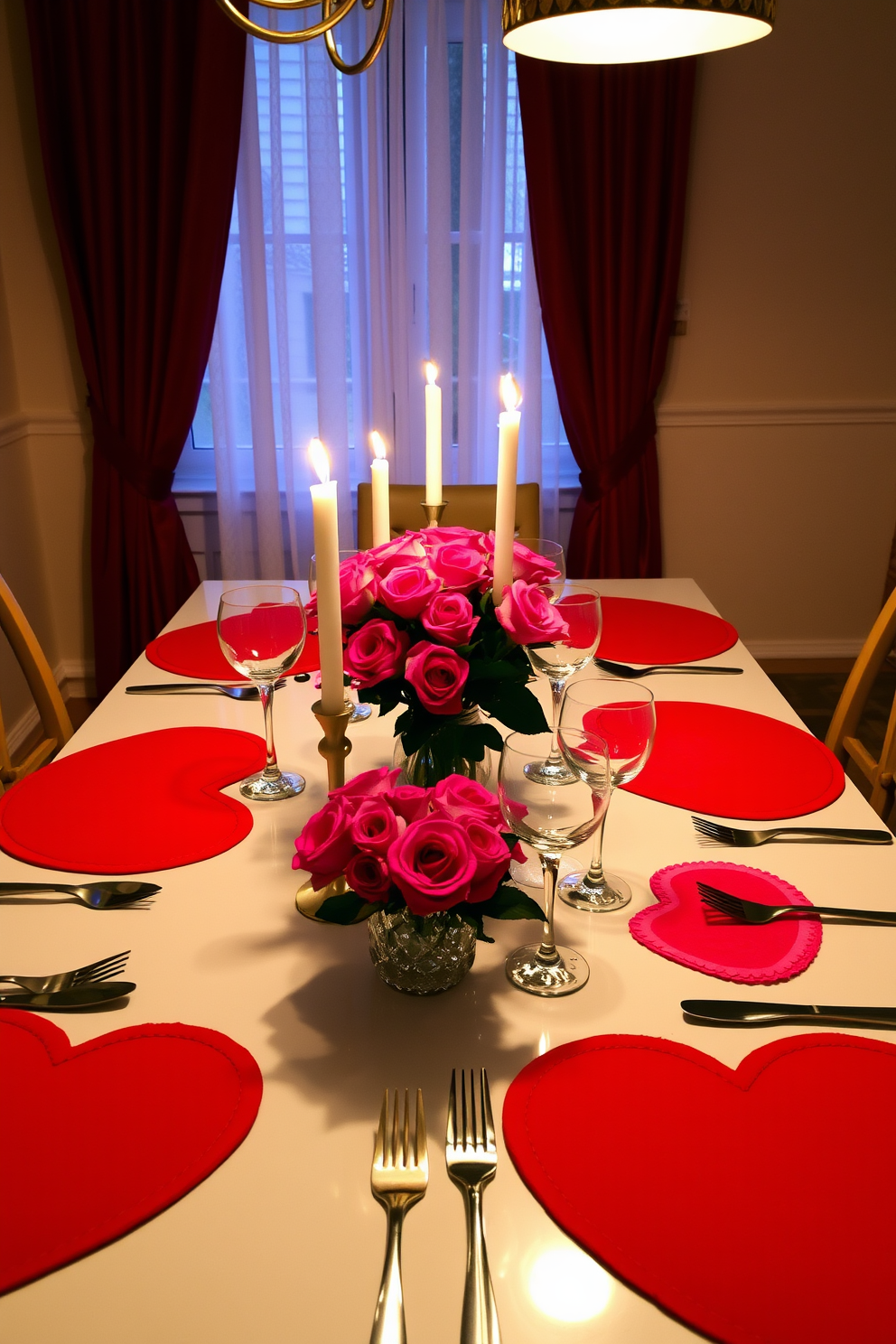 A beautifully set dining table adorned with heart shaped placemats in vibrant red and pink hues. The table is elegantly decorated with romantic candles and a bouquet of fresh roses at the center, creating a warm and inviting atmosphere for Valentine's Day.