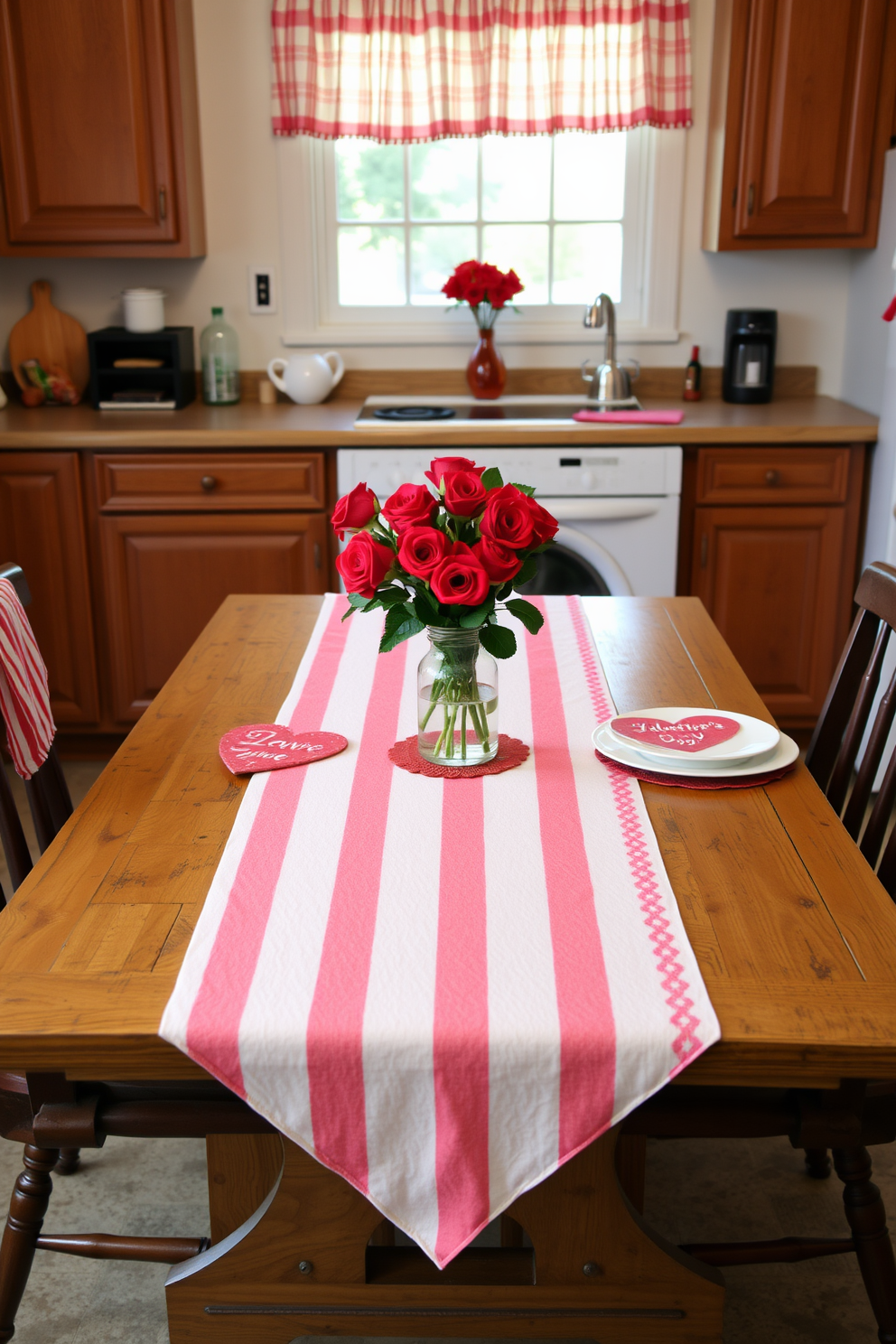 A charming kitchen setting adorned with a red and white striped tablecloth drapes elegantly over a rustic wooden dining table. On the table, a bouquet of fresh red roses sits in a simple glass vase, complemented by heart-shaped coasters and festive Valentine's Day-themed dinnerware.