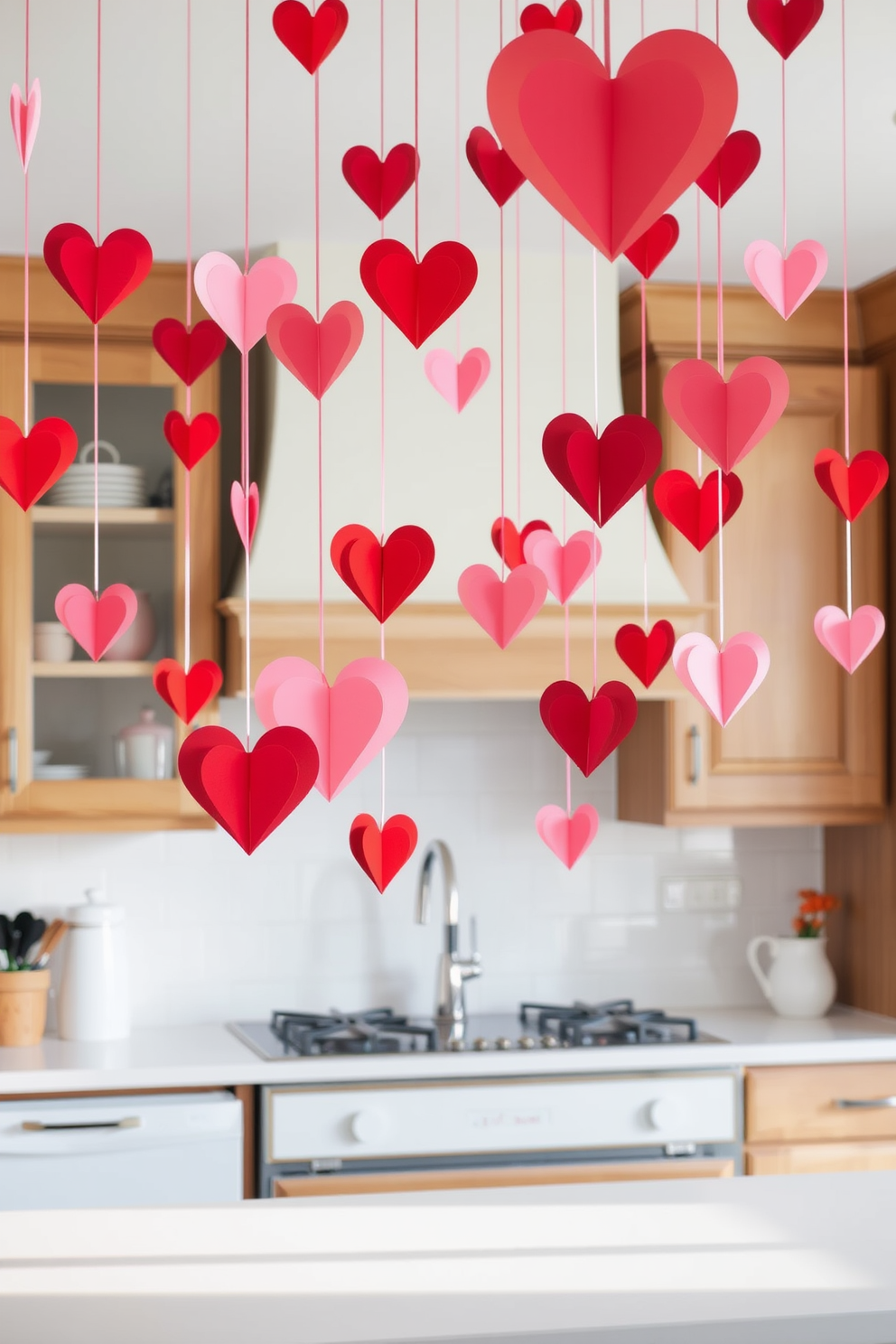 Create a whimsical kitchen setting adorned with hanging paper hearts from the ceiling. The hearts are in various shades of red and pink, adding a festive touch to the space while complementing the warm wooden cabinetry and bright white countertops.