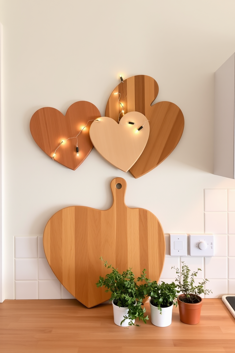 Heart shaped cutting boards are arranged artfully on the kitchen wall as a charming focal point. The warm wood tones complement the soft pastel colors of the kitchen, creating a cozy and inviting atmosphere for Valentine's Day. Delicate fairy lights are intertwined around the cutting boards to add a subtle glow. Fresh herbs in small pots are placed on the countertop, enhancing the festive decor while maintaining functionality.