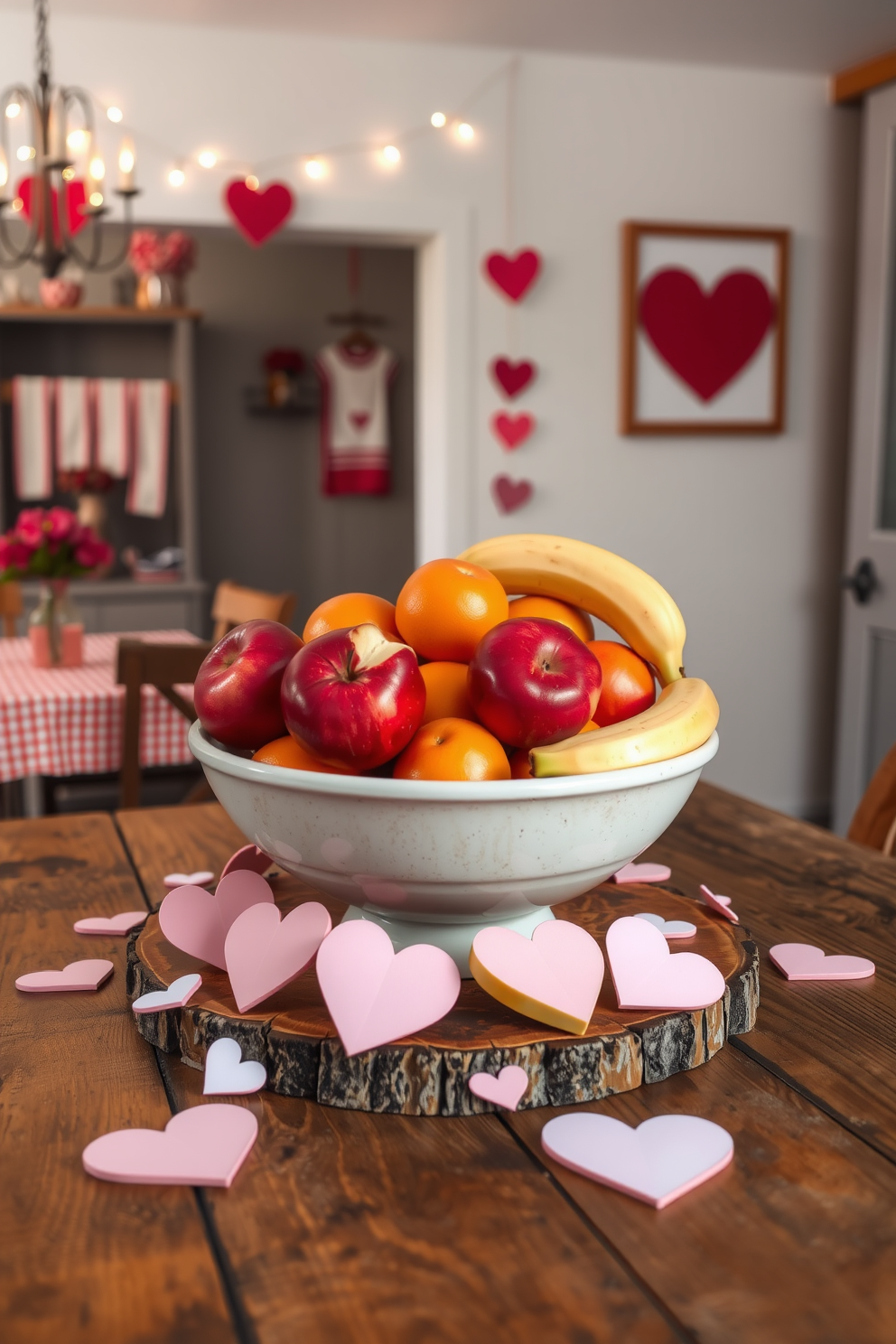 A vibrant seasonal fruit bowl is displayed on a rustic wooden table, filled with shiny red apples, fresh oranges, and ripe bananas. Surrounding the bowl are delicate heart-shaped decorations in soft pink and white, creating a warm and inviting atmosphere. The kitchen is adorned with cheerful Valentine's Day accents, including red and white table linens and heart-themed wall art. Subtle fairy lights twinkle above, adding a cozy glow to the space.