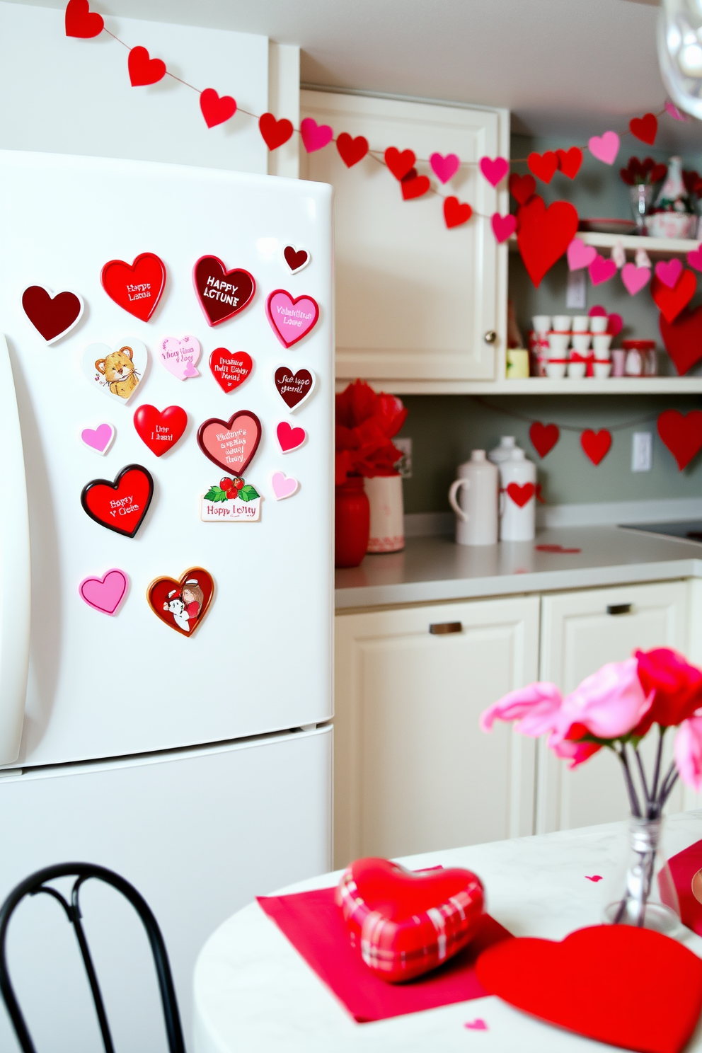 A collection of Valentine's Day themed fridge magnets is displayed on a white refrigerator. The magnets feature heart shapes, cute animals, and romantic quotes in vibrant colors. The kitchen is adorned with festive Valentine's Day decorations, including heart-shaped garlands and red and pink accents. A charming table setting with heart-themed tableware complements the overall romantic atmosphere.