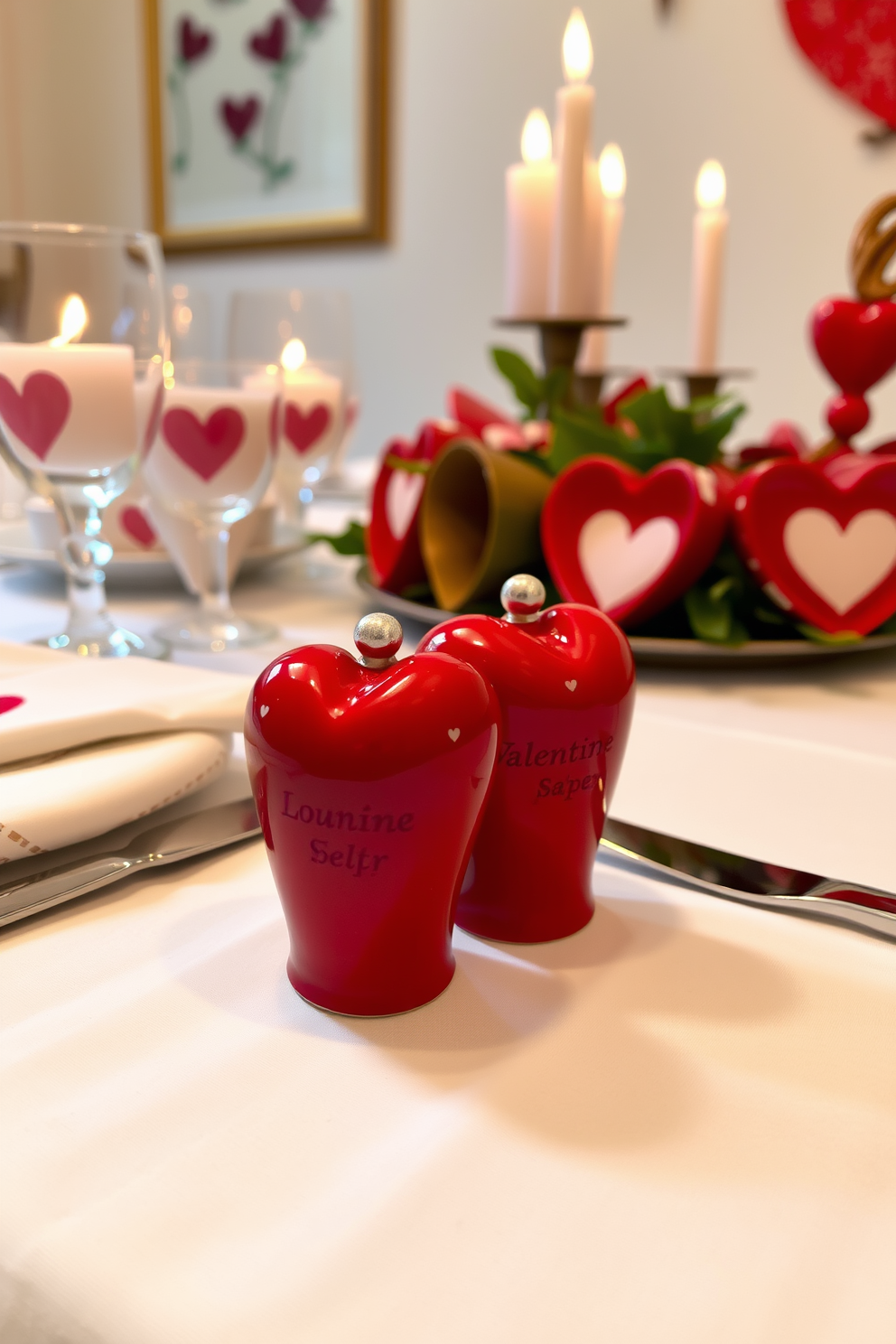 Decorative heart shaped salt and pepper shakers sit on a pristine white tablecloth, adding a charming touch to the dining experience. The shakers are crafted from ceramic, featuring a glossy red finish with delicate white accents that enhance their romantic appeal. Surrounding the shakers, a collection of heart themed tableware complements the festive atmosphere. Soft candlelight flickers nearby, casting a warm glow that elevates the overall Valentine's Day decor.