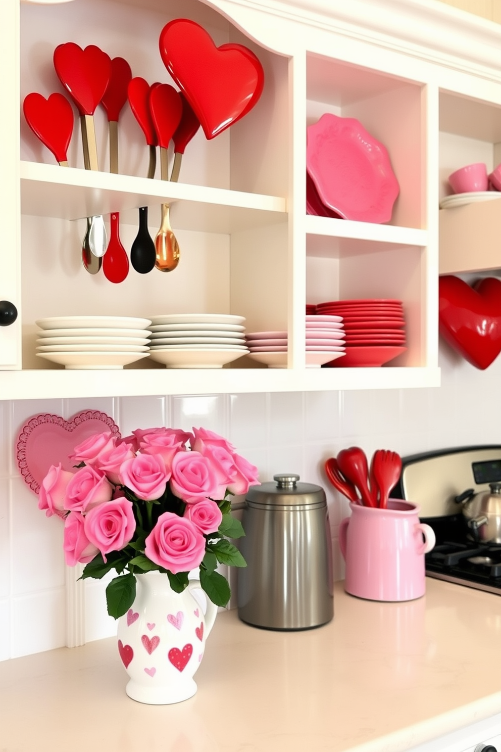 A charming kitchen adorned with pink and red accessories creates a festive Valentine's Day atmosphere. Heart-shaped utensils and vibrant dishware are artfully arranged on open shelves, while a bouquet of fresh roses sits in a decorative vase on the countertop.