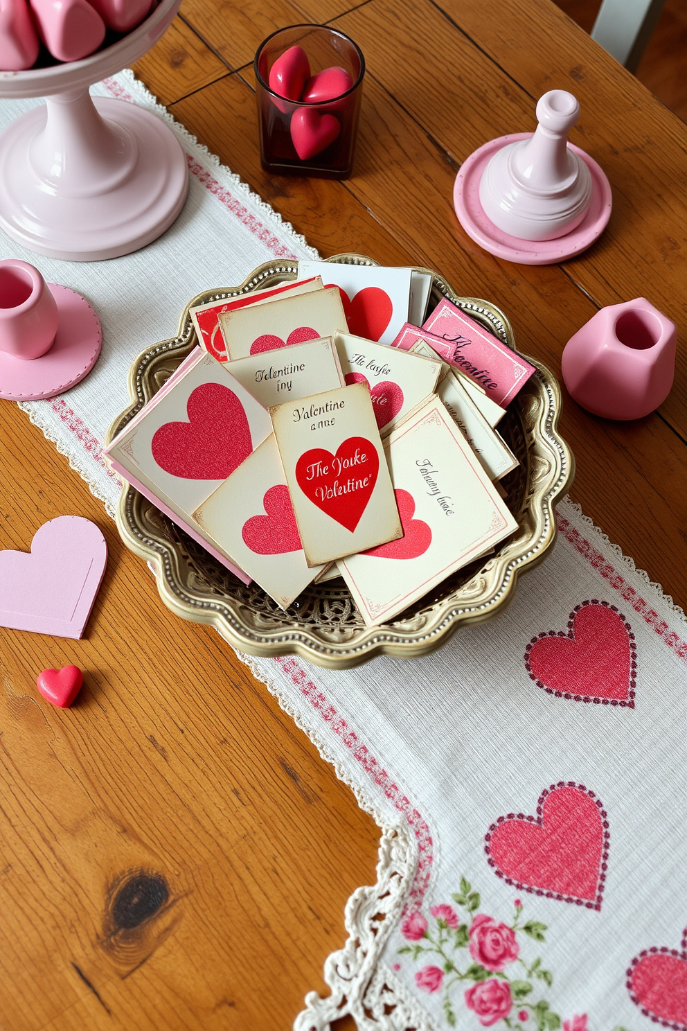 A charming utensil holder designed for a kitchen with a red and pink theme. The holder features heart-shaped cutouts and is adorned with floral patterns, creating a festive atmosphere for Valentine's Day.